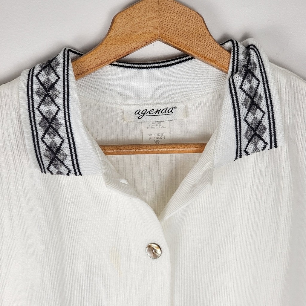 Agenda Vintage Paper Tag White Black Knit Button Polo Shirt Argyle Collar 1X