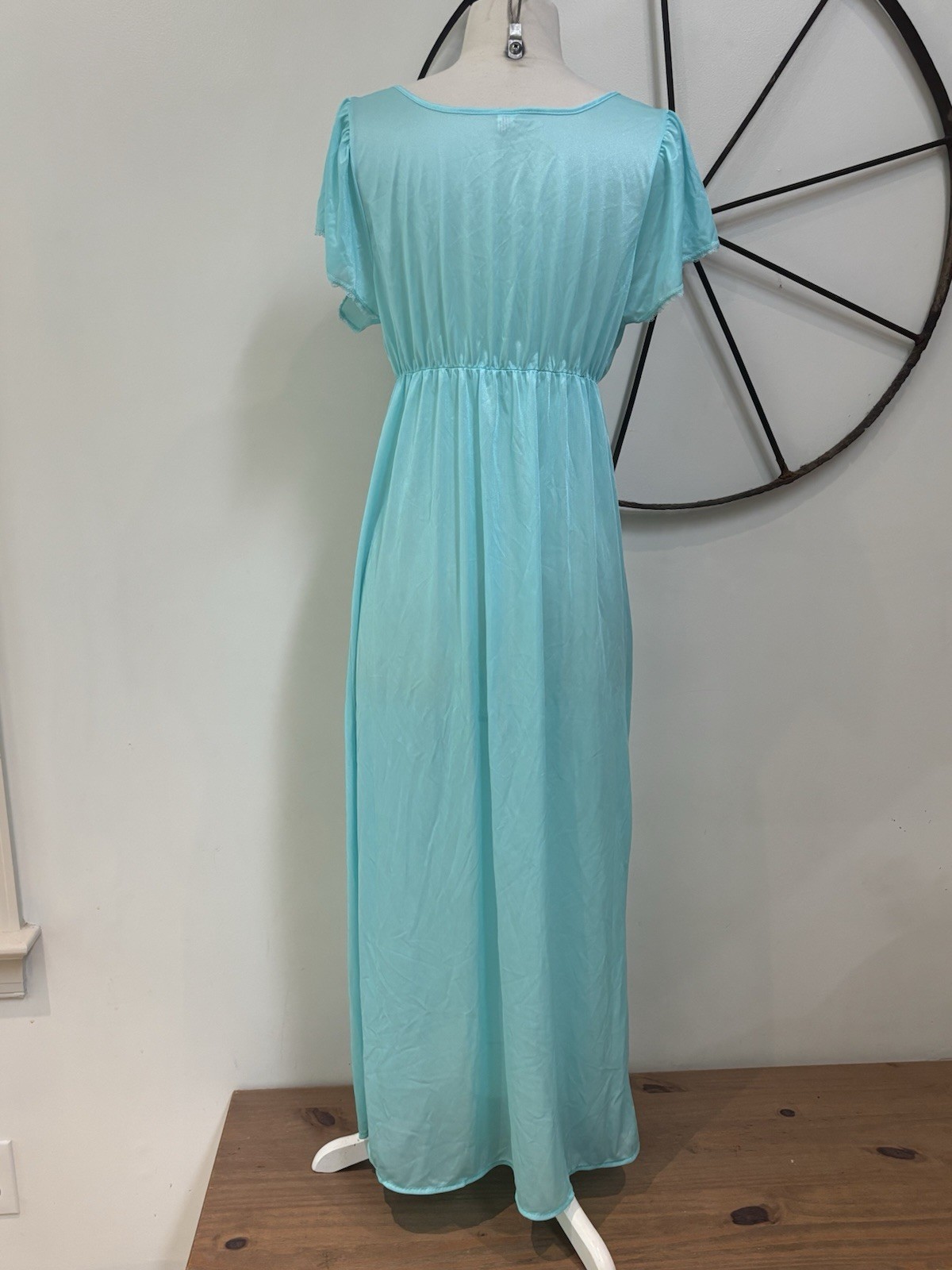 1970s Spotlight aqua blue nylon romantic lace long nightgown L