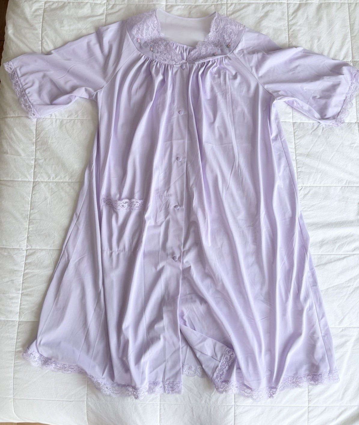VTG Shadowline Nightgown Robe Lilac Lace Romantic Sleepwear Front Button Retro