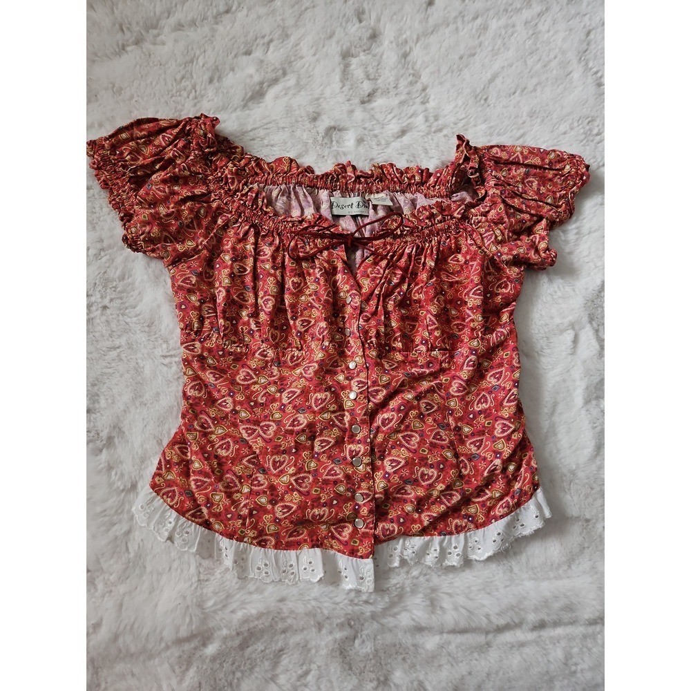 Vtg 90s Desert Diva by Sherry Holt Red Paisley Peasant Top L Western Cottagecore