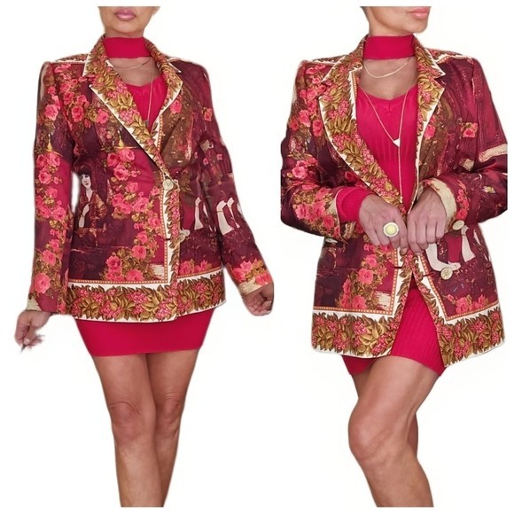 Vintage Gianni Versace for Genny 100% Silk Red Baroque Blazer Jacket