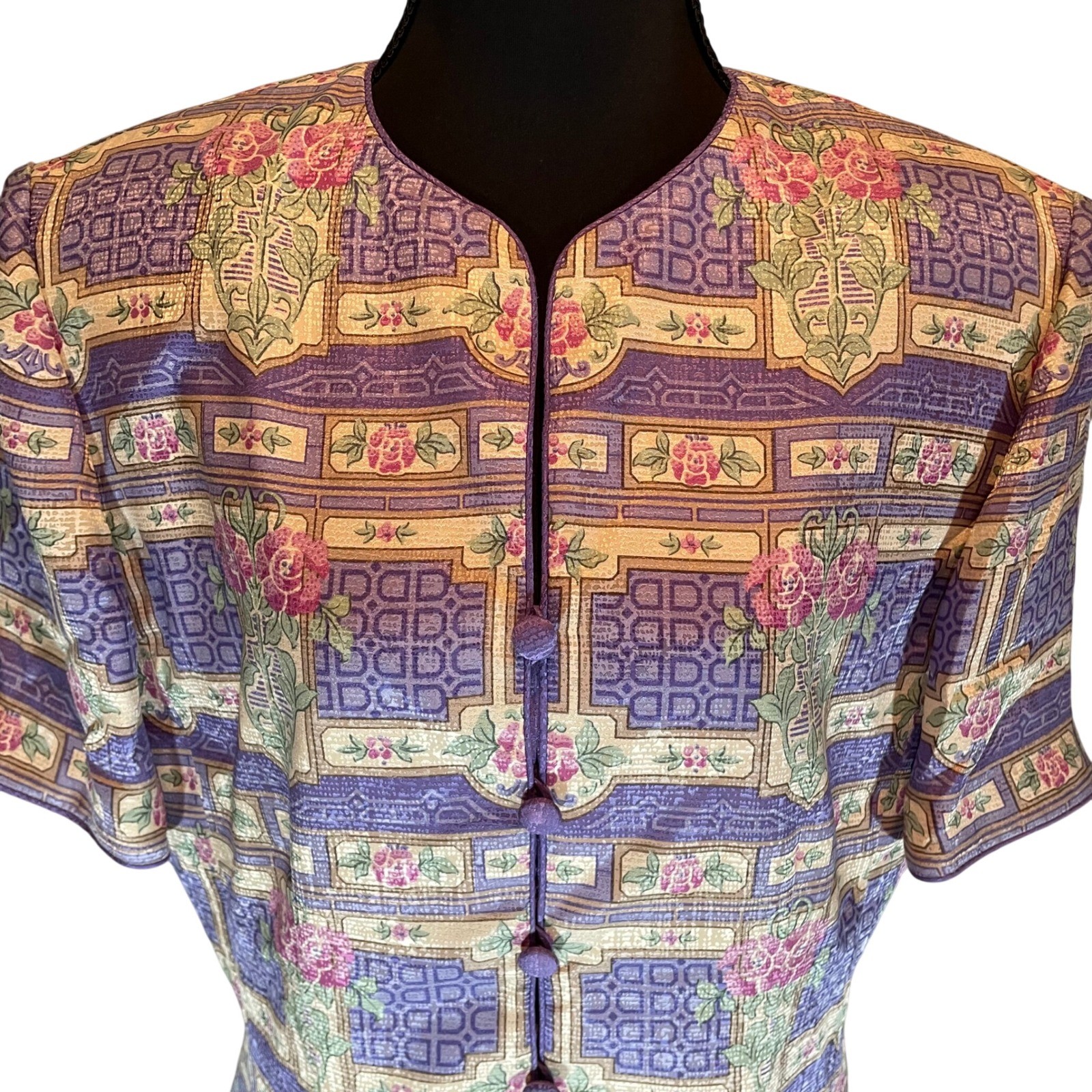 Adrianna Papell Vintage 100% Silk Floral Geometric Frog Button Blouse Purple 12