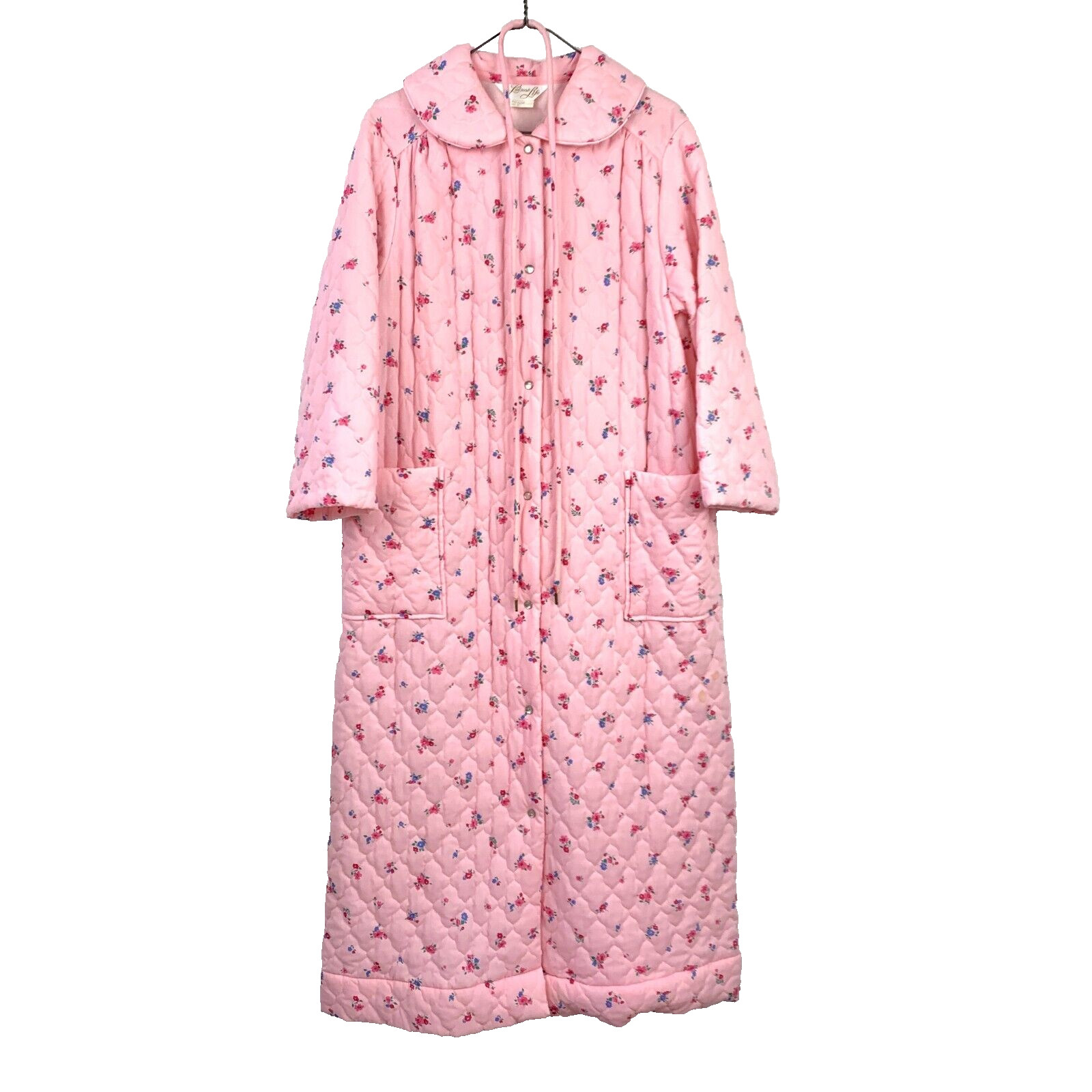 Vintage Leisure Life Floral Pink Quilted Long Snap Up Bath House Robe Large