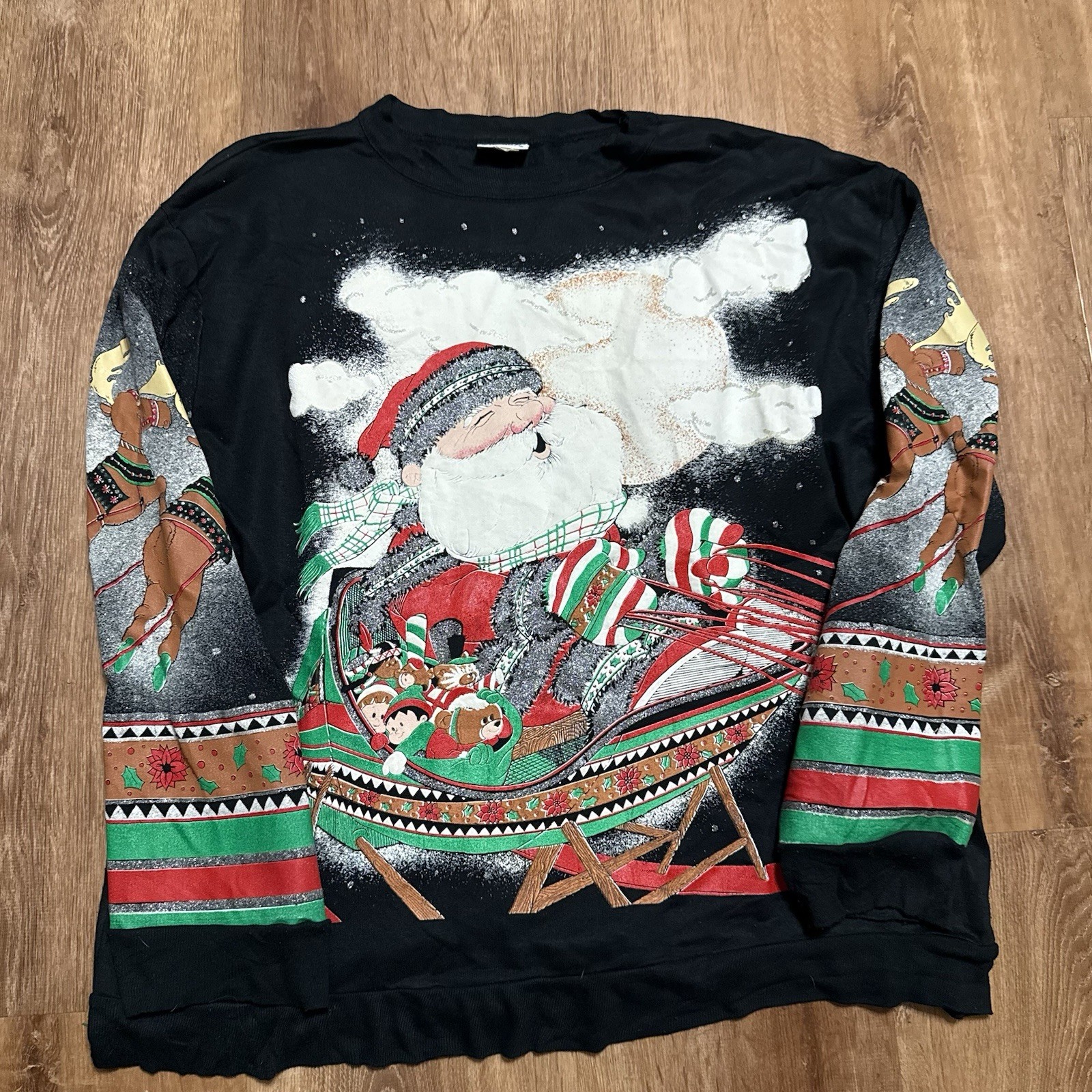 Vintage Large Christmas Pullover Sweater Black FULL Front Santa Claus Graphic