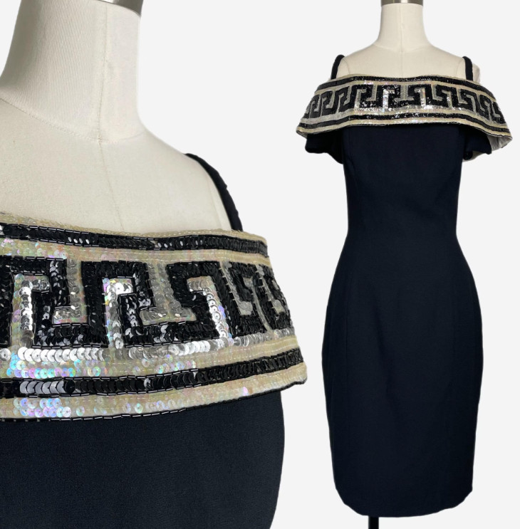 Vintage 90s A.J. Bari Cocktail Dress Black Sequins Off Shoulder Short Sleeve