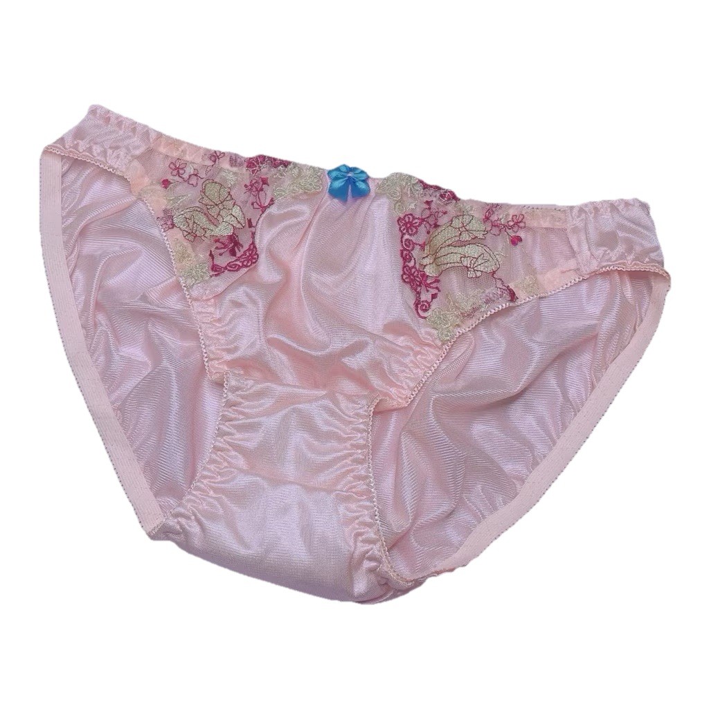 Pink Cut Feminine Satin Slippery Panties Lace Bikini Floral Embroidery Nylon