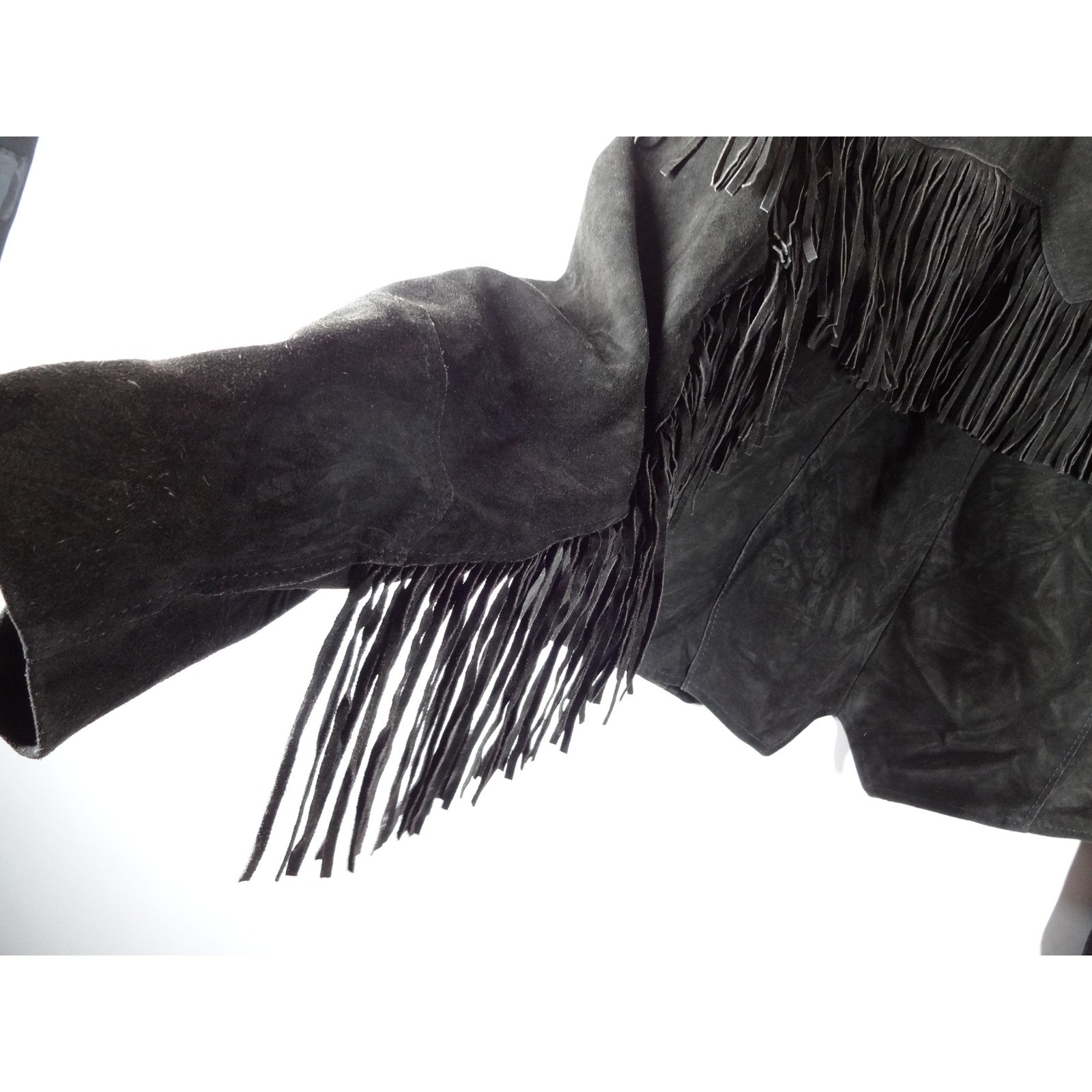 VTG Pioneer Wear Western Jacket 12 Black Suede Fringe Cropped Rodeo Cowgirl Boho