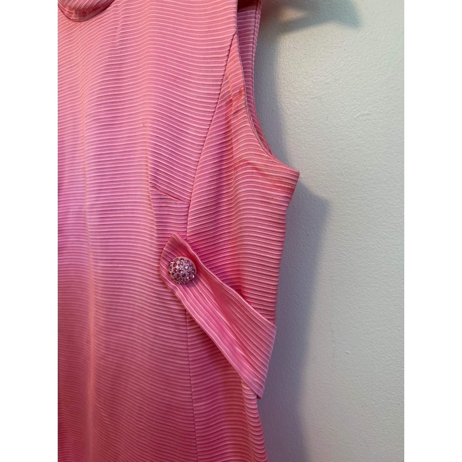 Vintage 70s Pink Ribbed Mock Neck Rhinestone Button Column Gown