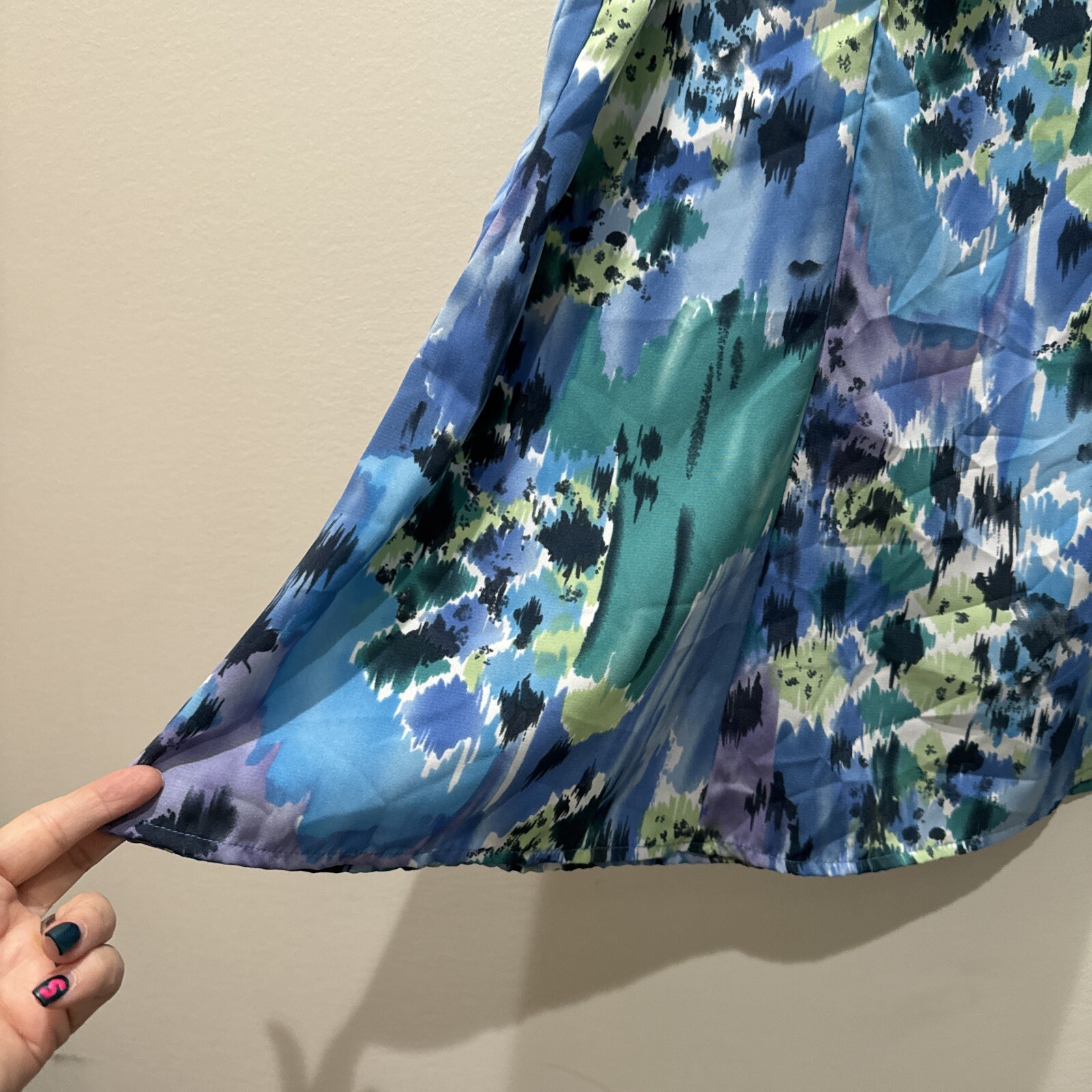 Nikki Womens Midi Skirt Sz M Blue Color Splash Boho Retro Prairie Pheasant Hip