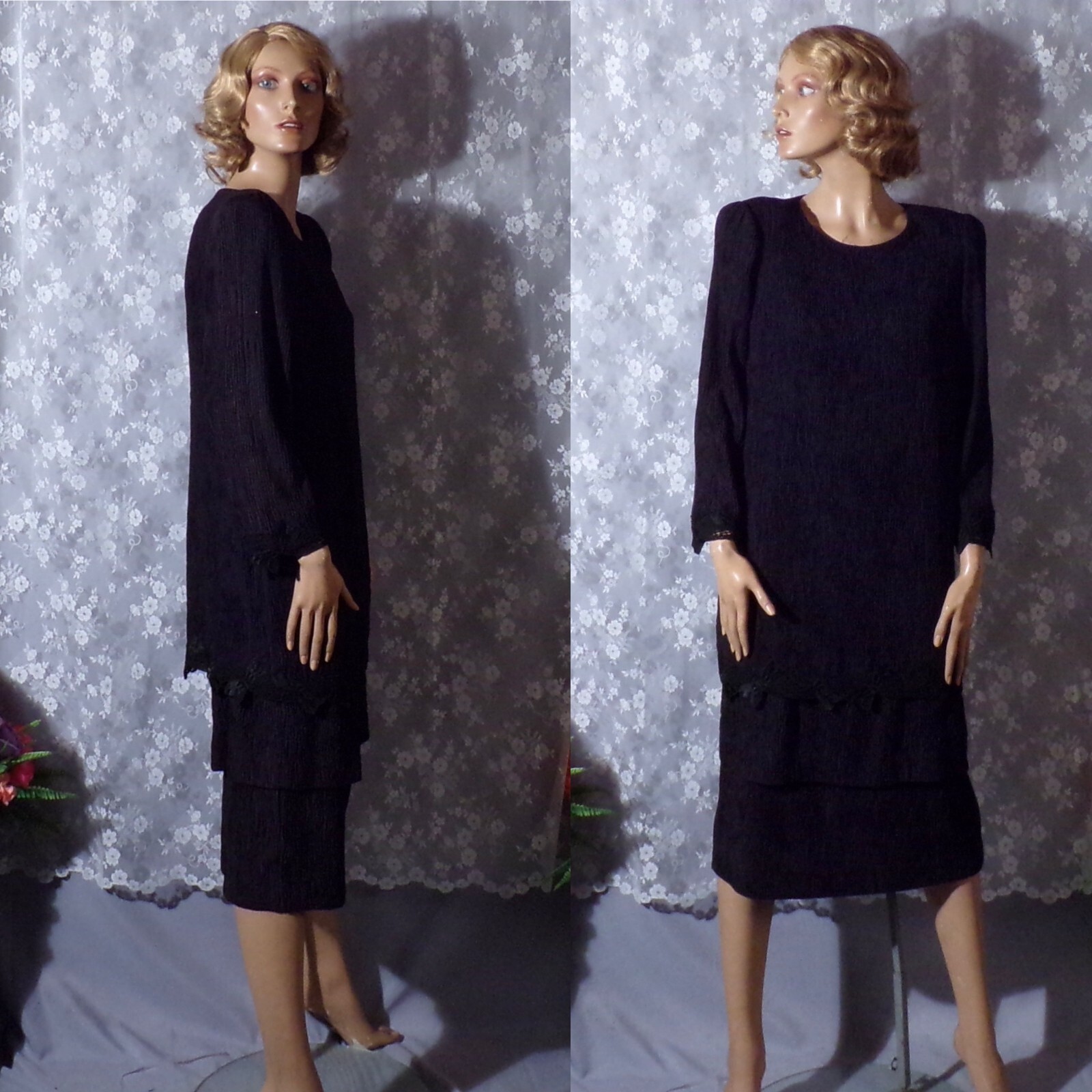 Vintage 80s Black Dress Size Medium 1980s Retro Goth Edwardian Flapper Cocktail