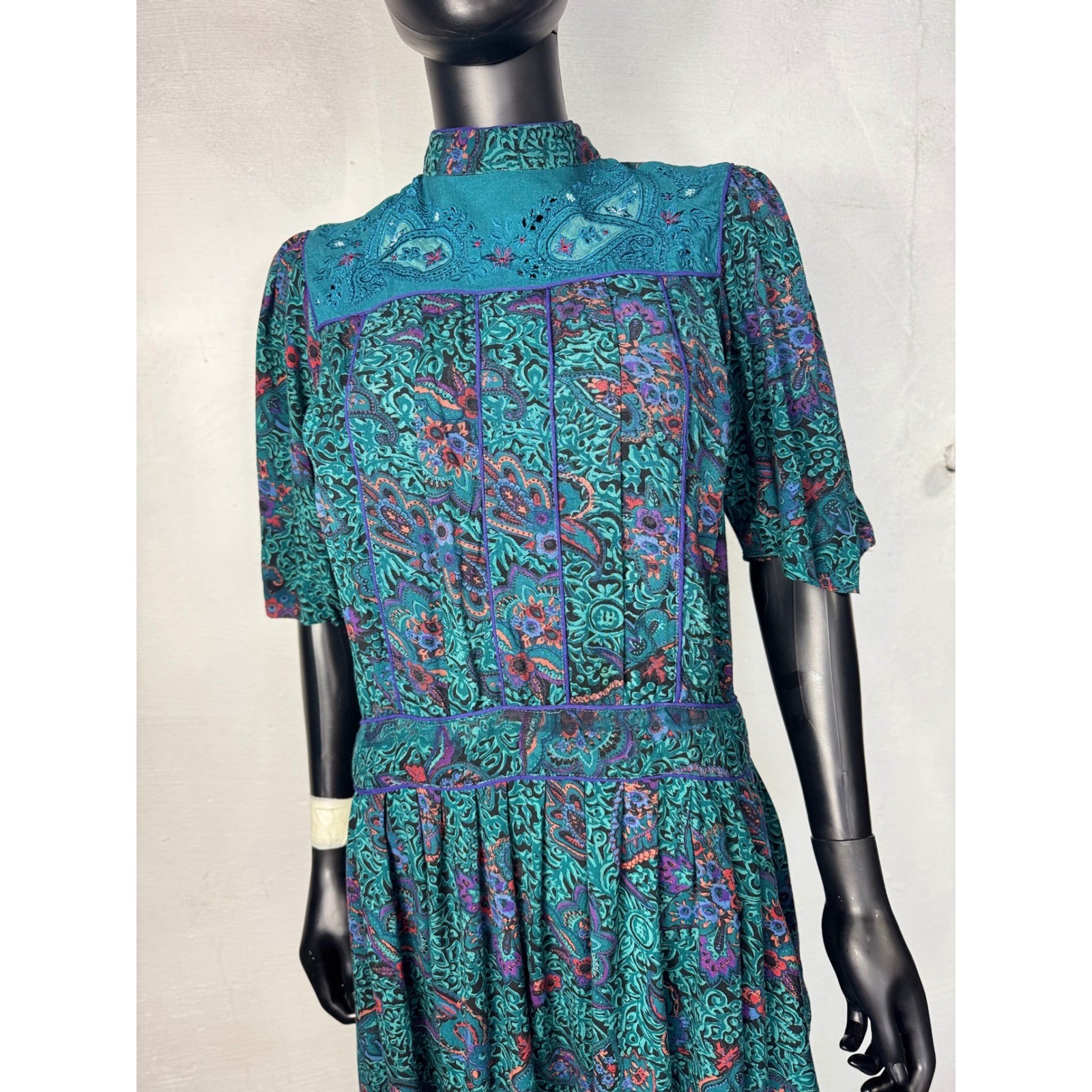 Vintage Phool Paisley Midi Dress Teal Purple Mock Neck Short Sleeve India M