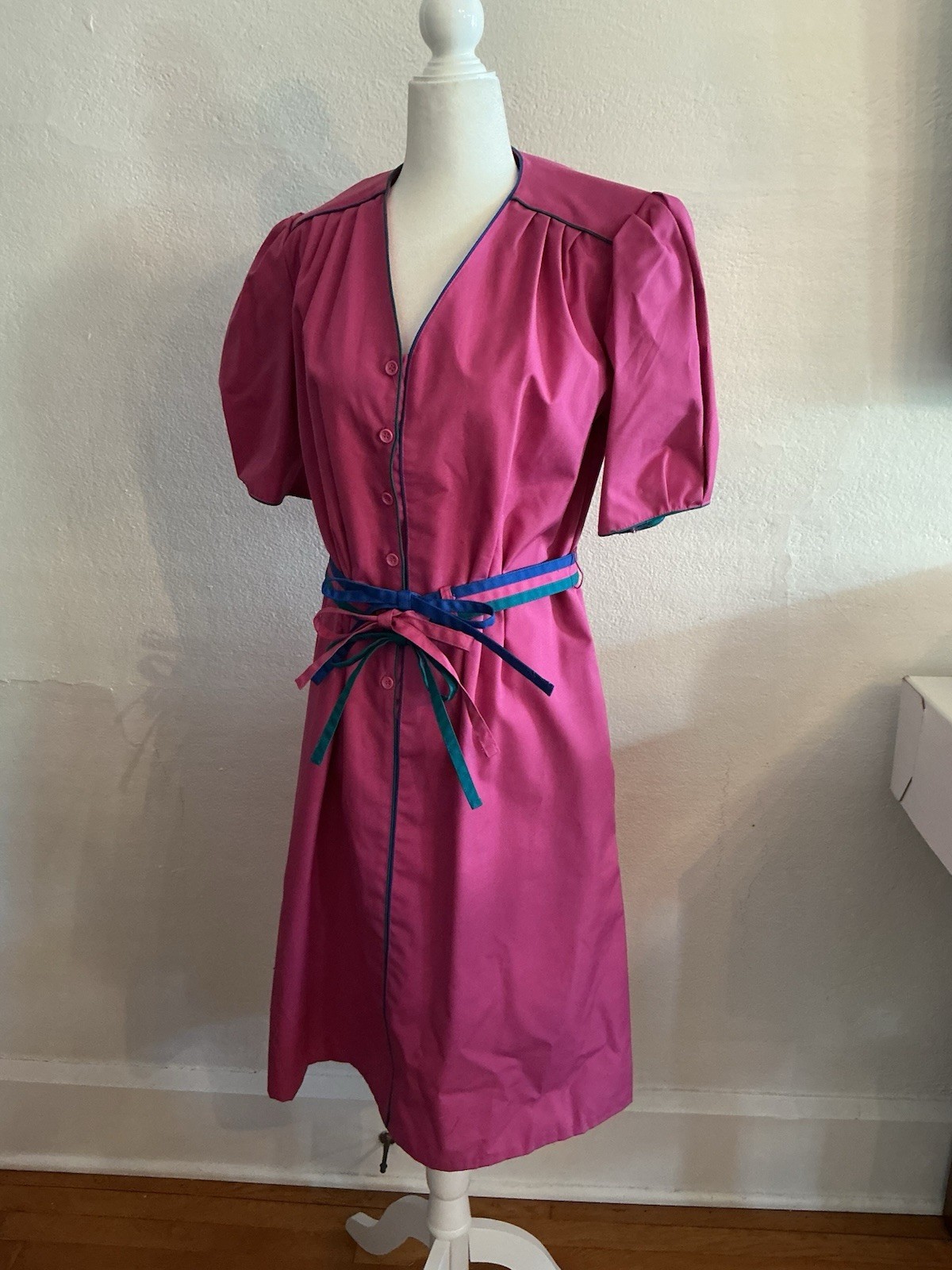 Vintage Day Dress Townhouse 80s Prep Pink Color-block Piping Whimsy 14 M L