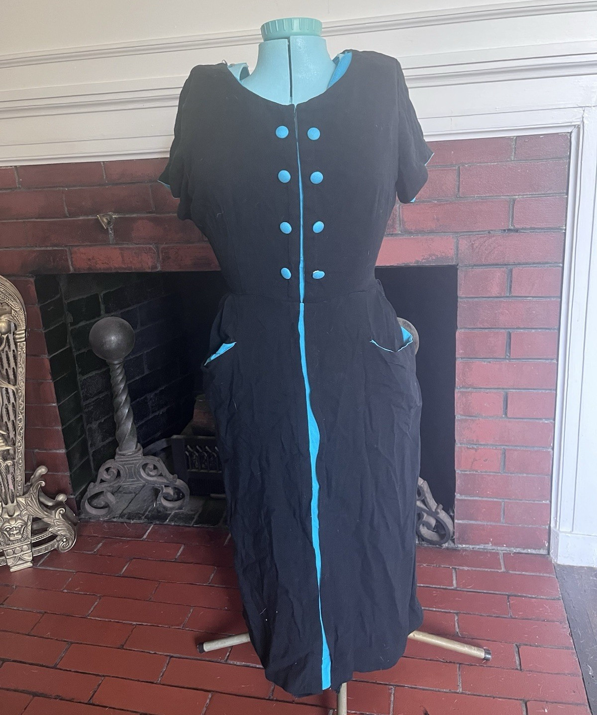 Vintage Pico De Oro Black Dress with Turquoise Blue Trim & Buttons RN2167