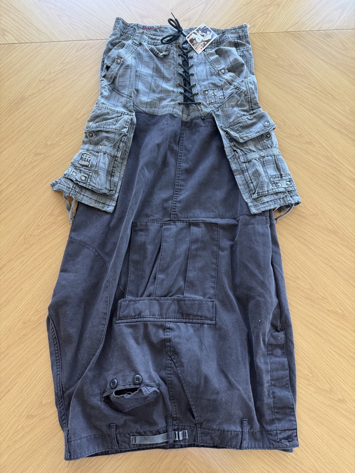 VTG F.U.S.A.I. Cyber Goth Punk Maxi Skirt Cargo Plaid Lace Up Y2K Grunge Utility