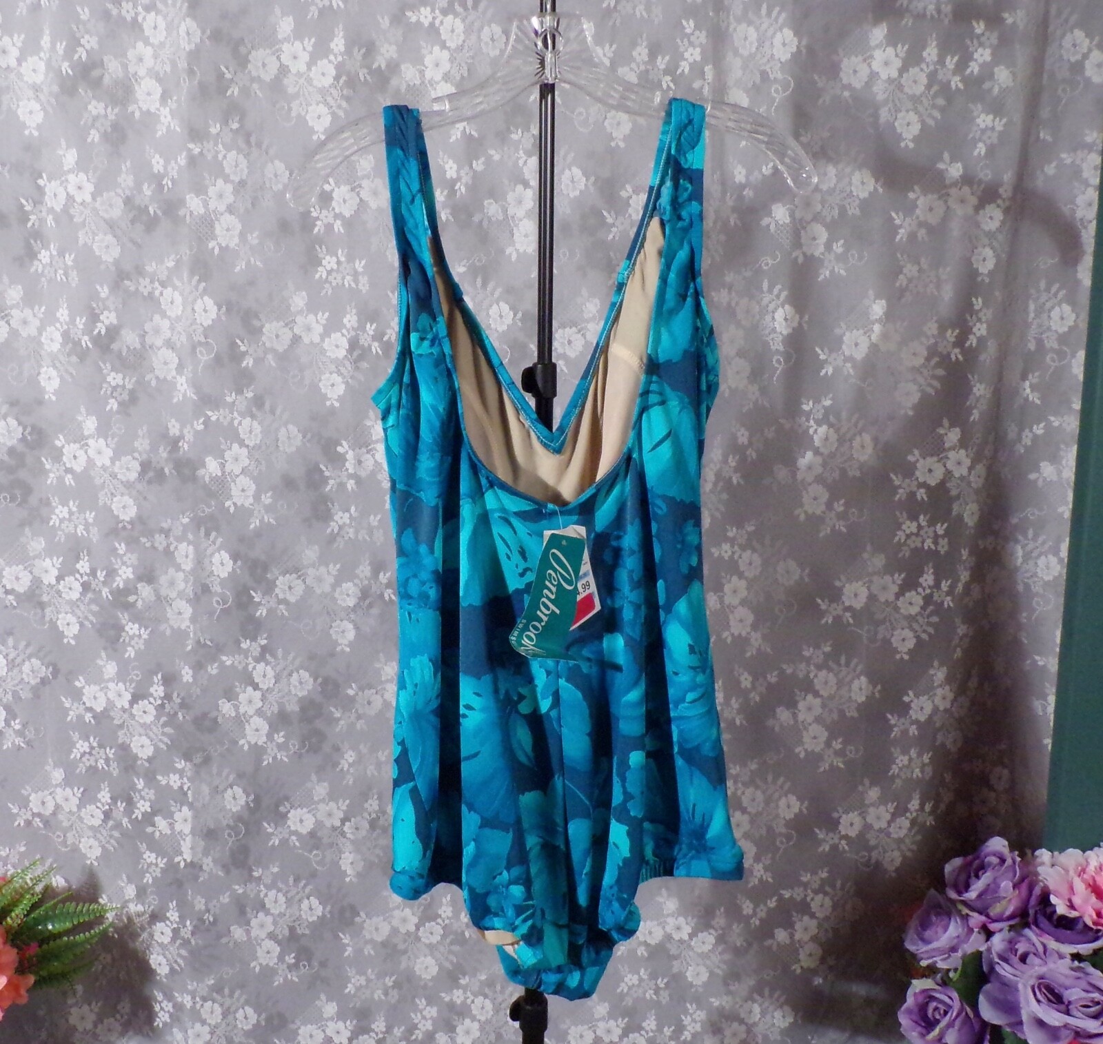 Vintage 80s Floral Swimsuit Size XL 1980s Retro Blue Tropical Ruched One Piece