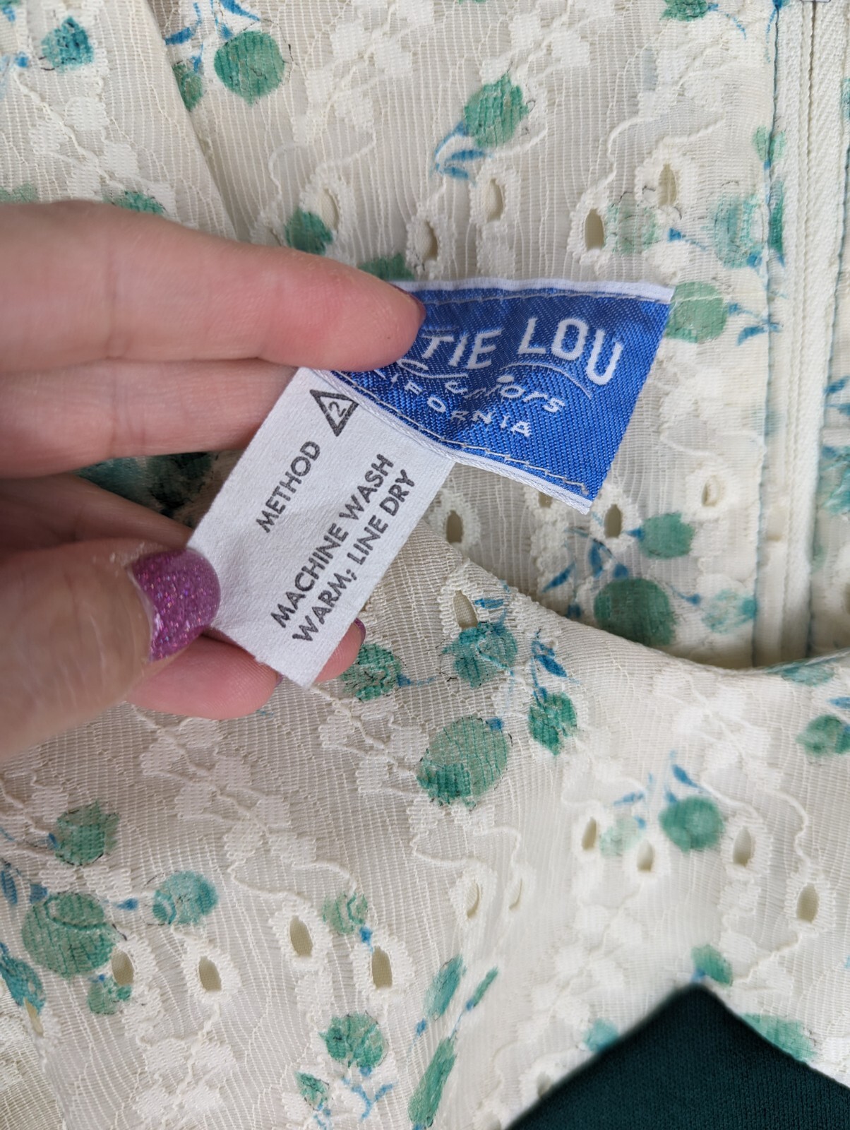 Vtg Kristie Lou California Juniors Cottage Prairie Dress Green Floral 70s Tie
