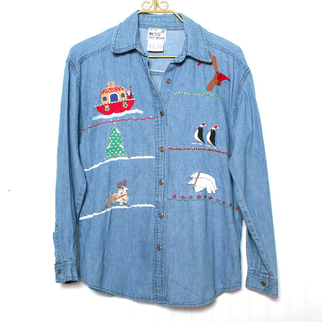 That’s The Way to Go Vintage Womens Emroidered Noahs Ark Christmas Blouse Medium