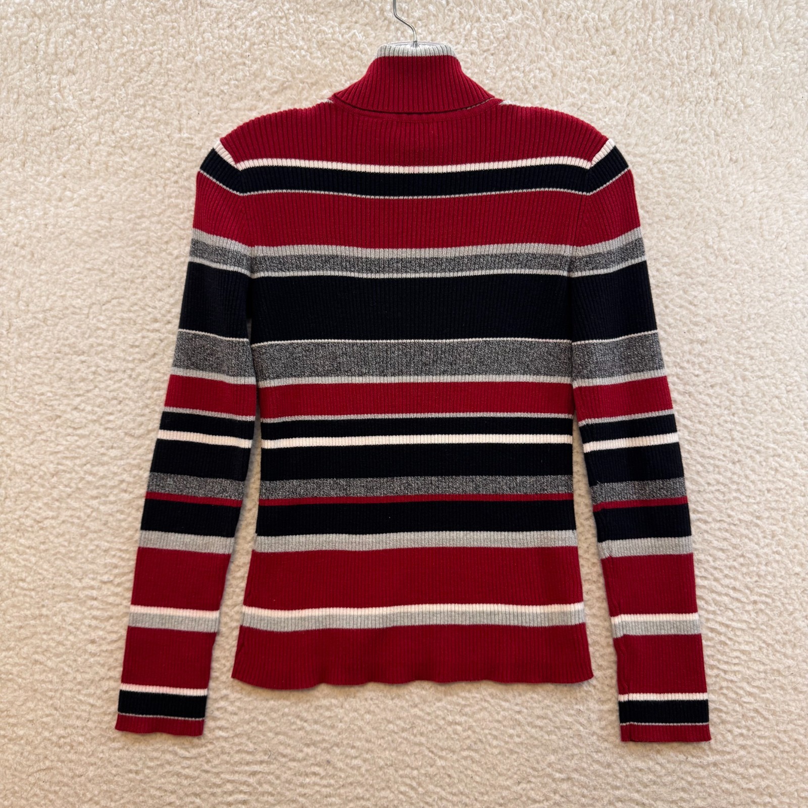 Y2K Vintage Striped Turtleneck Sweater XS Small Red Rib Knit Grunge Long Sleeve