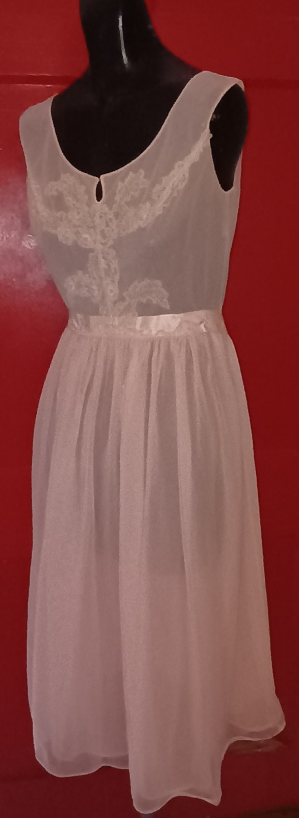 Vtg Luxite by Kayser Pink Dbl Sheer Nylon Chiffon Nightgown Sz 34 Lace