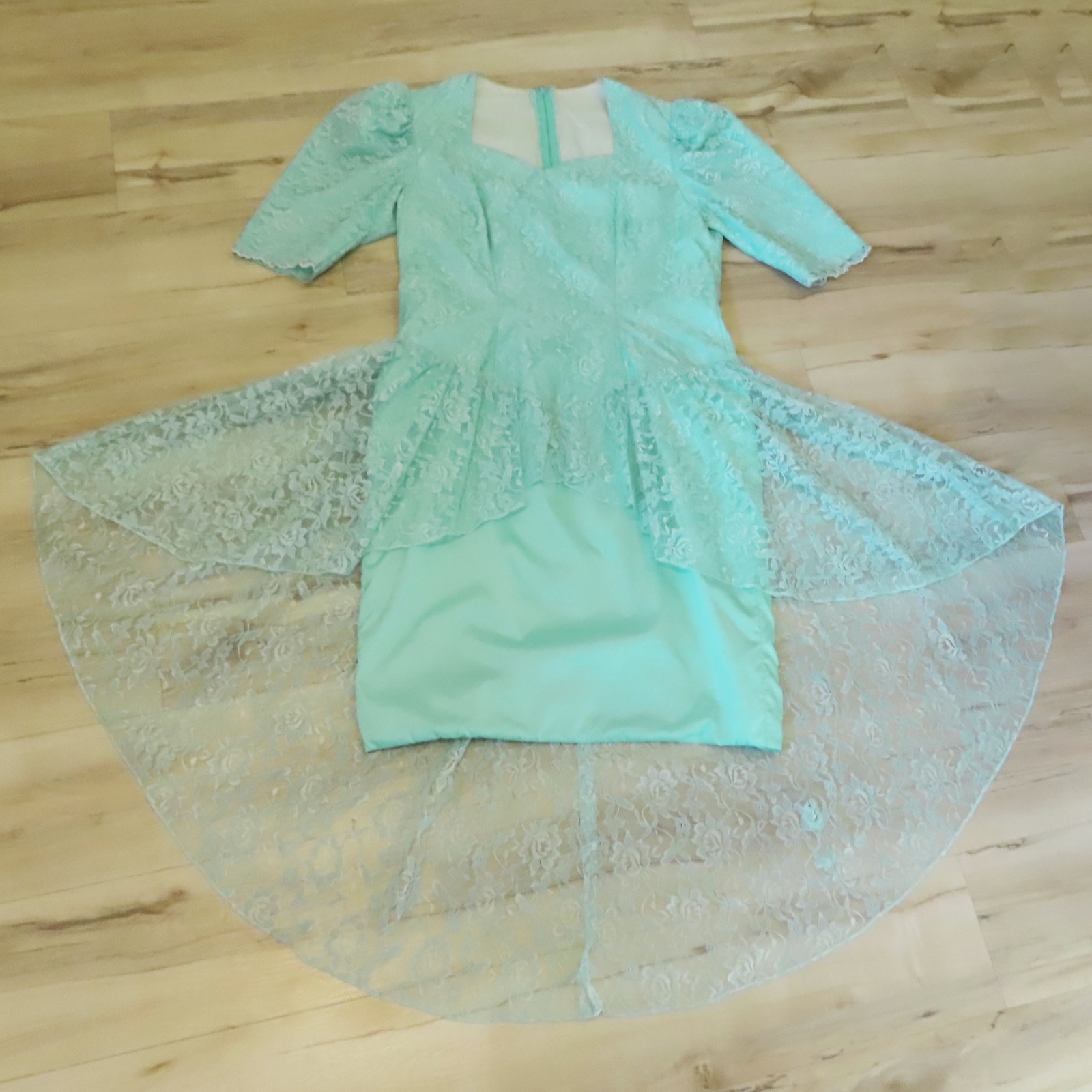 Vintage 80s Blue Green Seafoam Lace Peplum Sheath Cocktail Party Prom Dress L XL