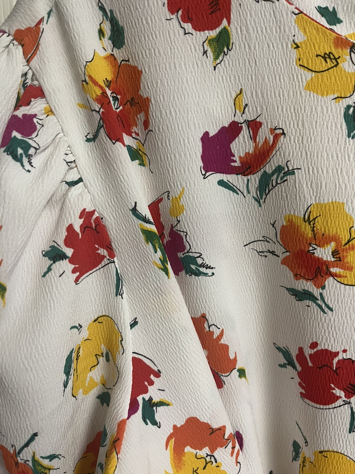 Leslie Fay VNT White floral dress Med 14 80s With Belt 70s Puff Sleeves Balloon
