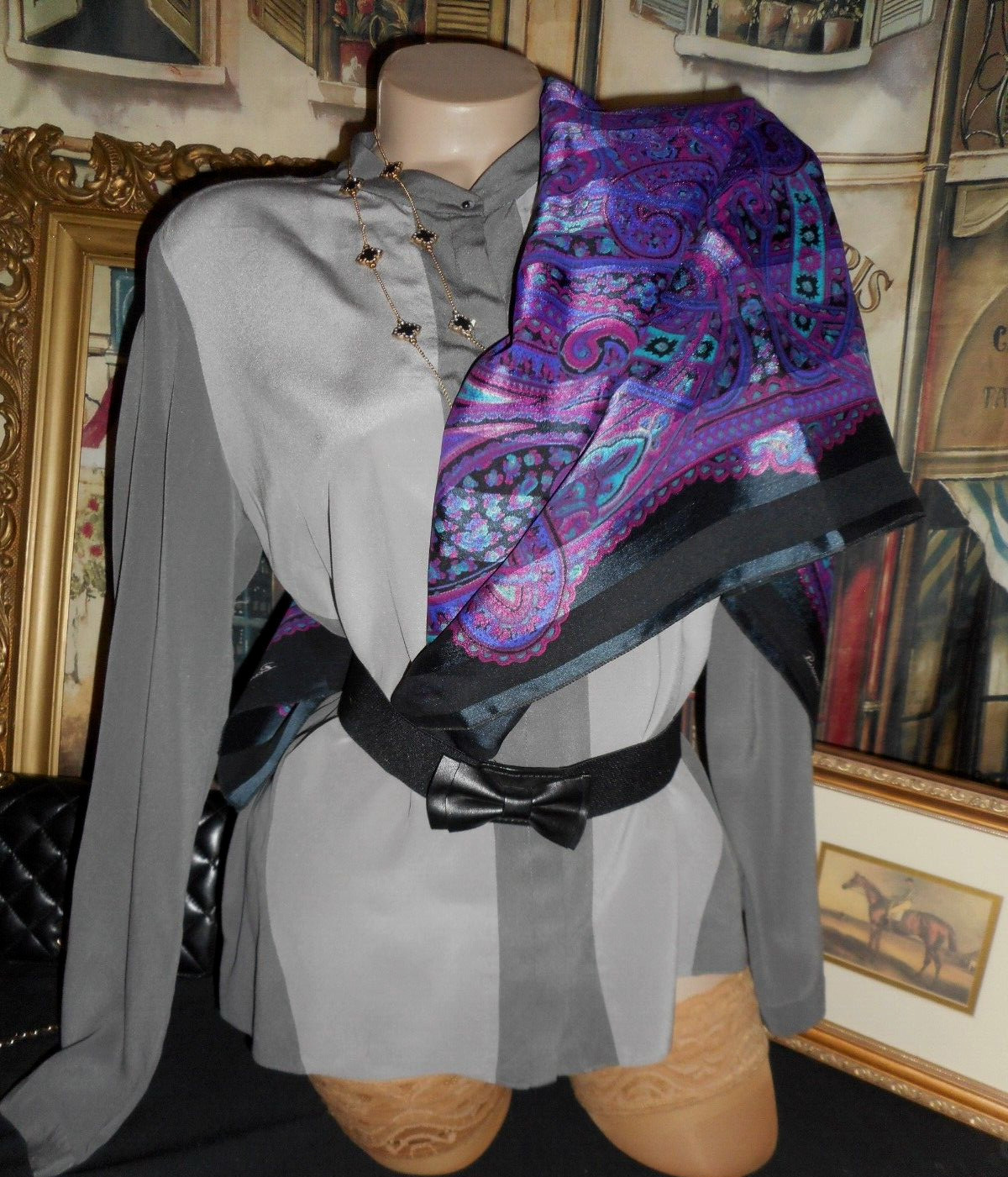 M Silk Blouse Grey Silk Blouse Long Slv Soft Sueded Sand Wash Band Collar NOS