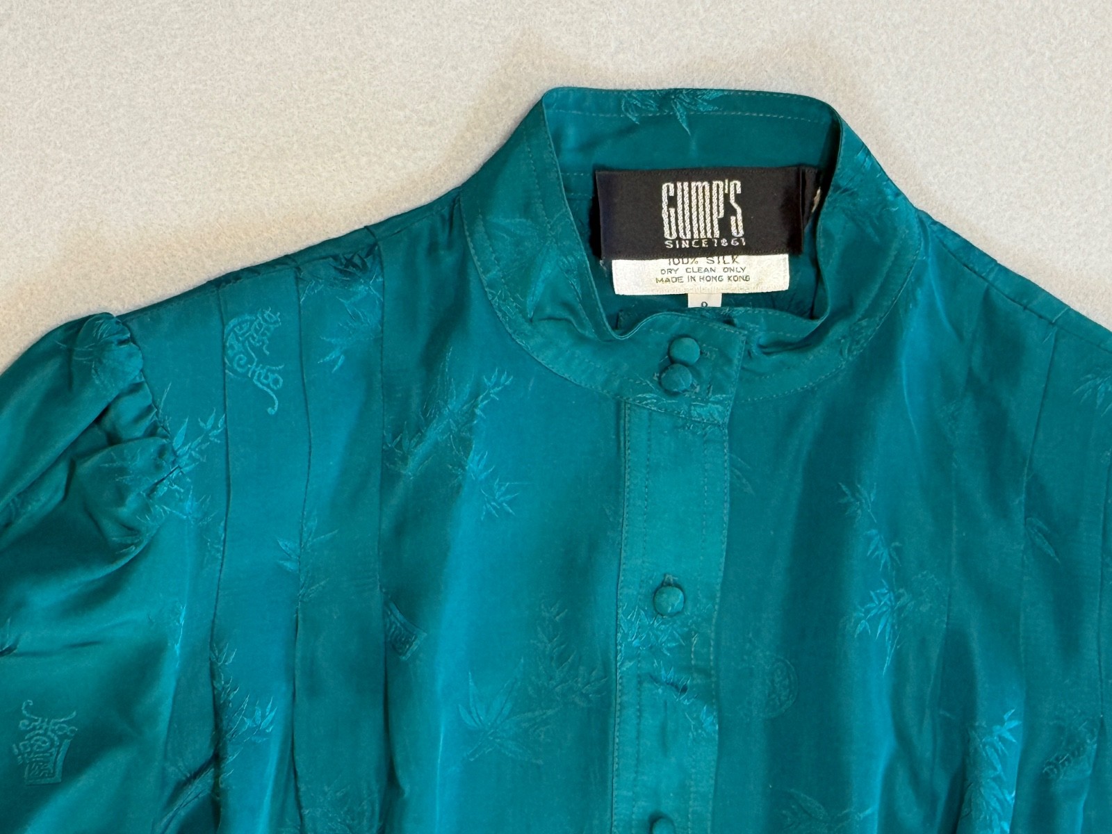 Vintage 80’s Gump’s San Francisco Dress, 100% silk, Jade Green, Asian Theme Sz 8