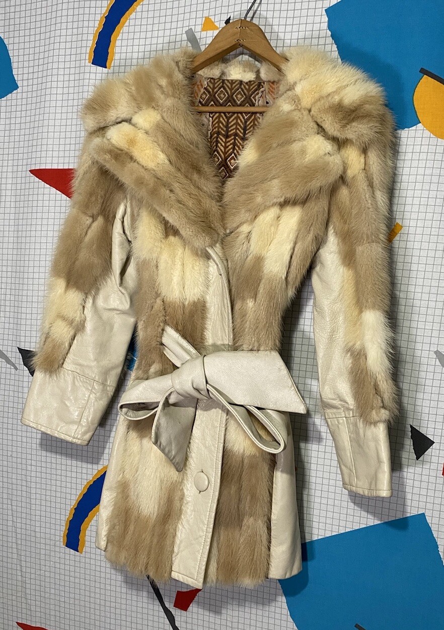 Vintage 70s Fur Patchwork Leather Jacket Coat Fox Mink Mosaic Hippie Mobwife 60s
