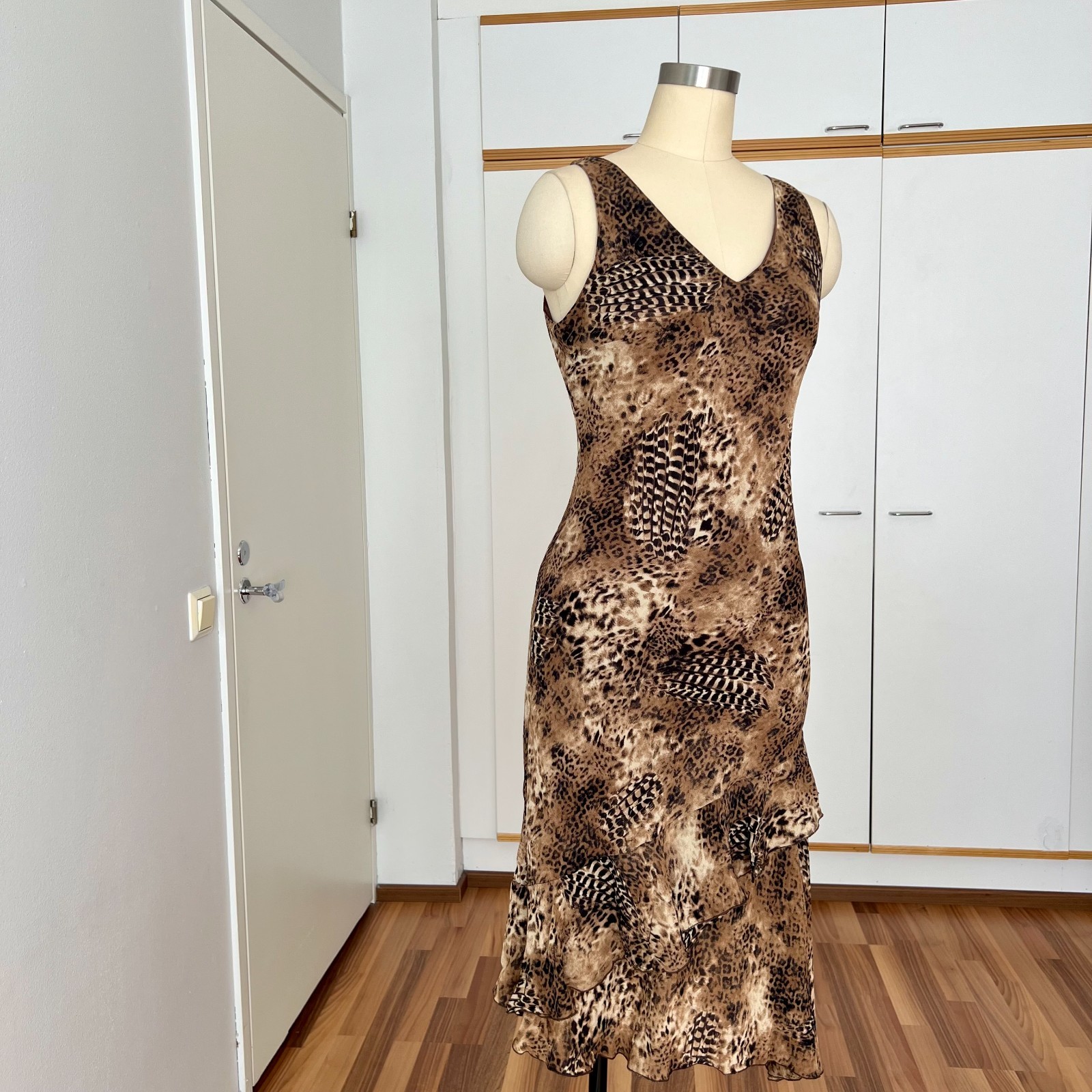 90s Leopard Print Midi Slip Dress Asymmetrical Hem Fairycore Bias Cut Slinky 44
