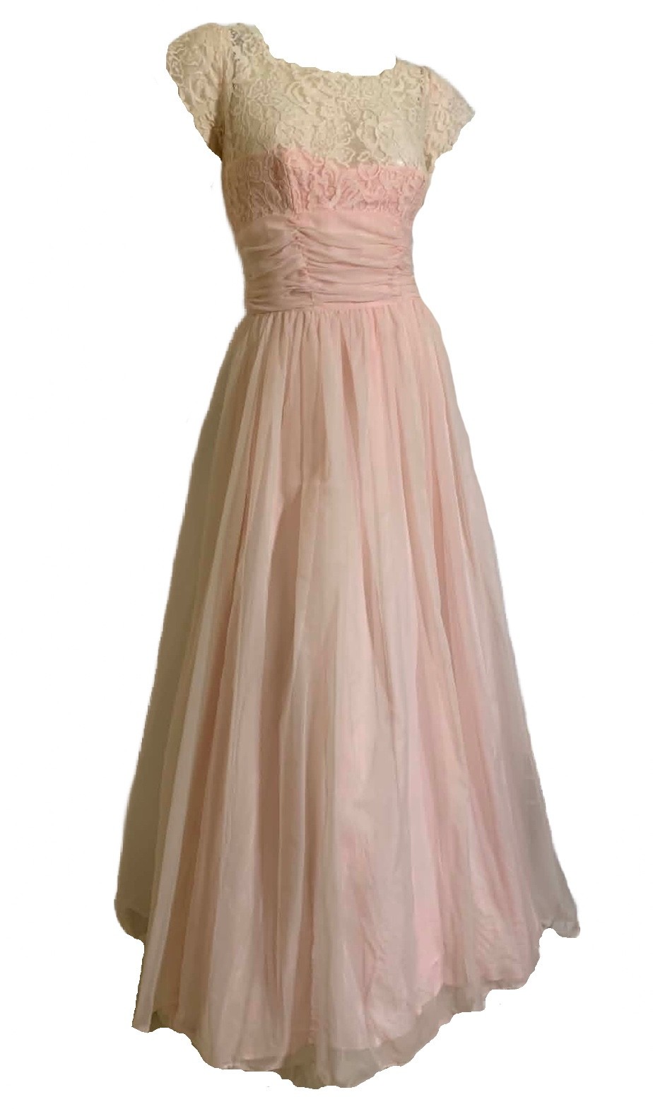 True Vintage 1960s Baby Pink Chiffon and Lace Long Dress Gown