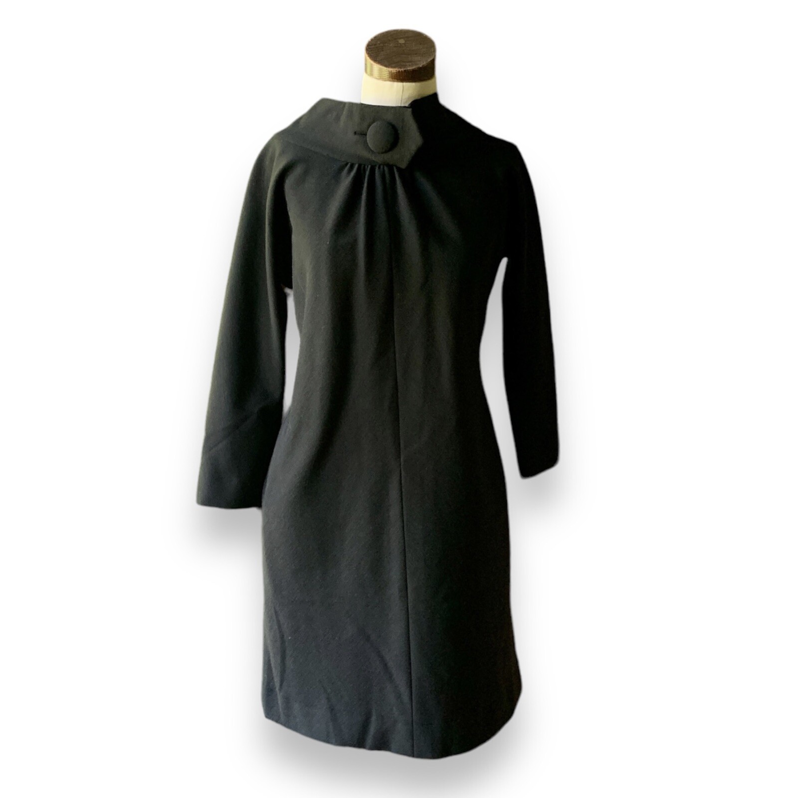 Vintage PAULINE TRIGERE LBD 60s 70s Wool Black Dress BUTTON Pleated CLASSIC
