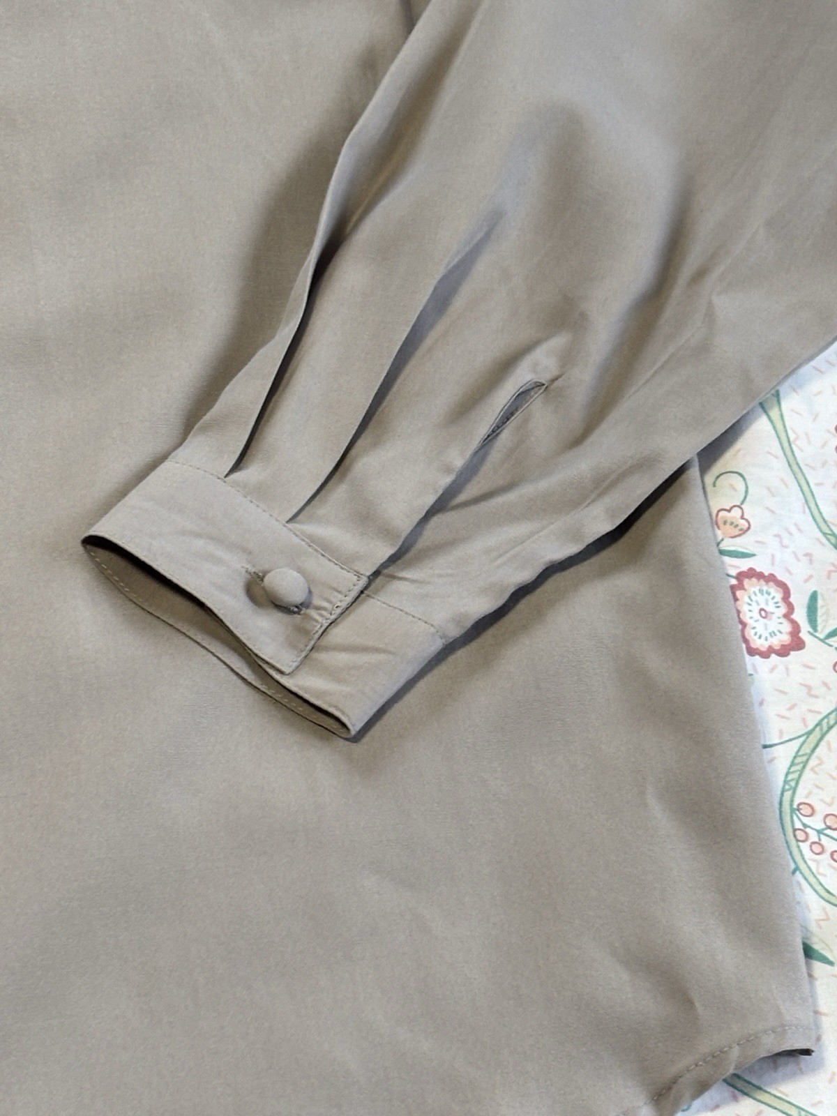 Vintage Classique Collections Taupe Tie Neck Blouse Covered Buttons Small 1990s