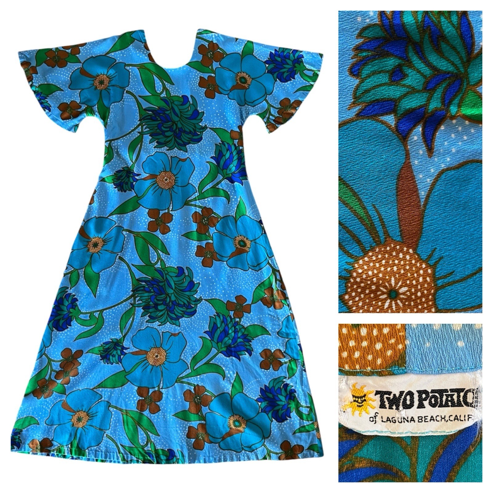 60s 70s Vintage Two Potato Laguna Beach Maxi Dress Blue Floral Hawaiian Flutter