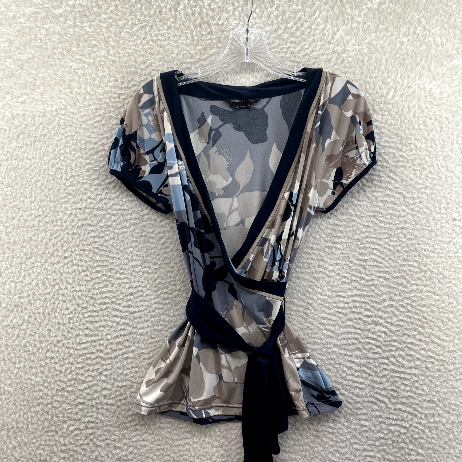 Y2K Vintage Wrap Top Medium Floral Slinky Stretch Cap Sleeve Corpcore Office