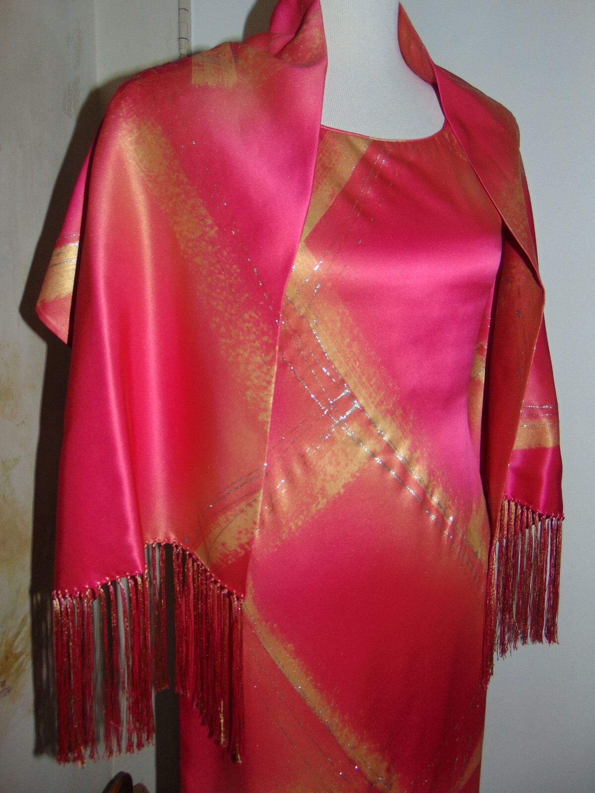 William Pearson Designer Vintage Dress Cheongsam Slit Rose Pink Gold Silver sz 6
