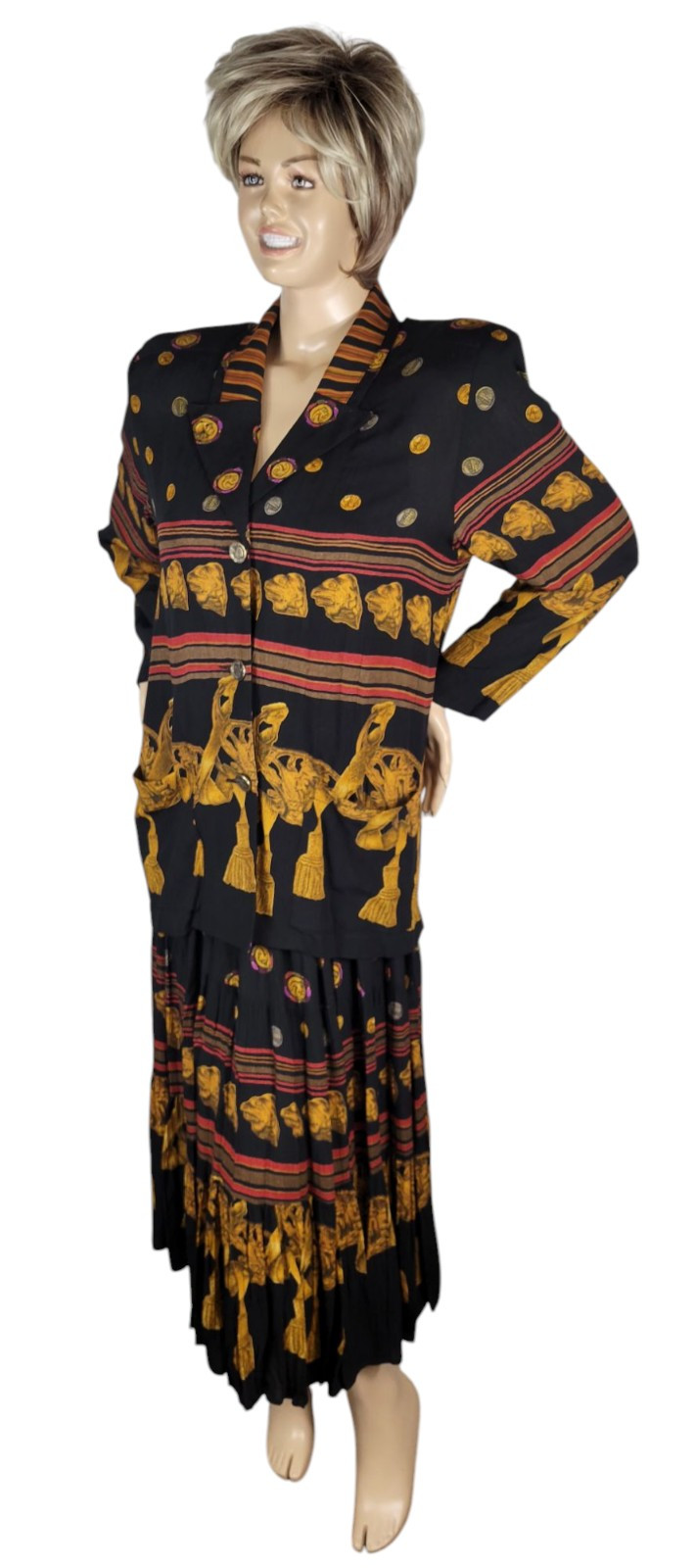 Vtg CL Carole Little Black Gold Tassel Etruscan Revival Gauze Skirt Top Set 8/10