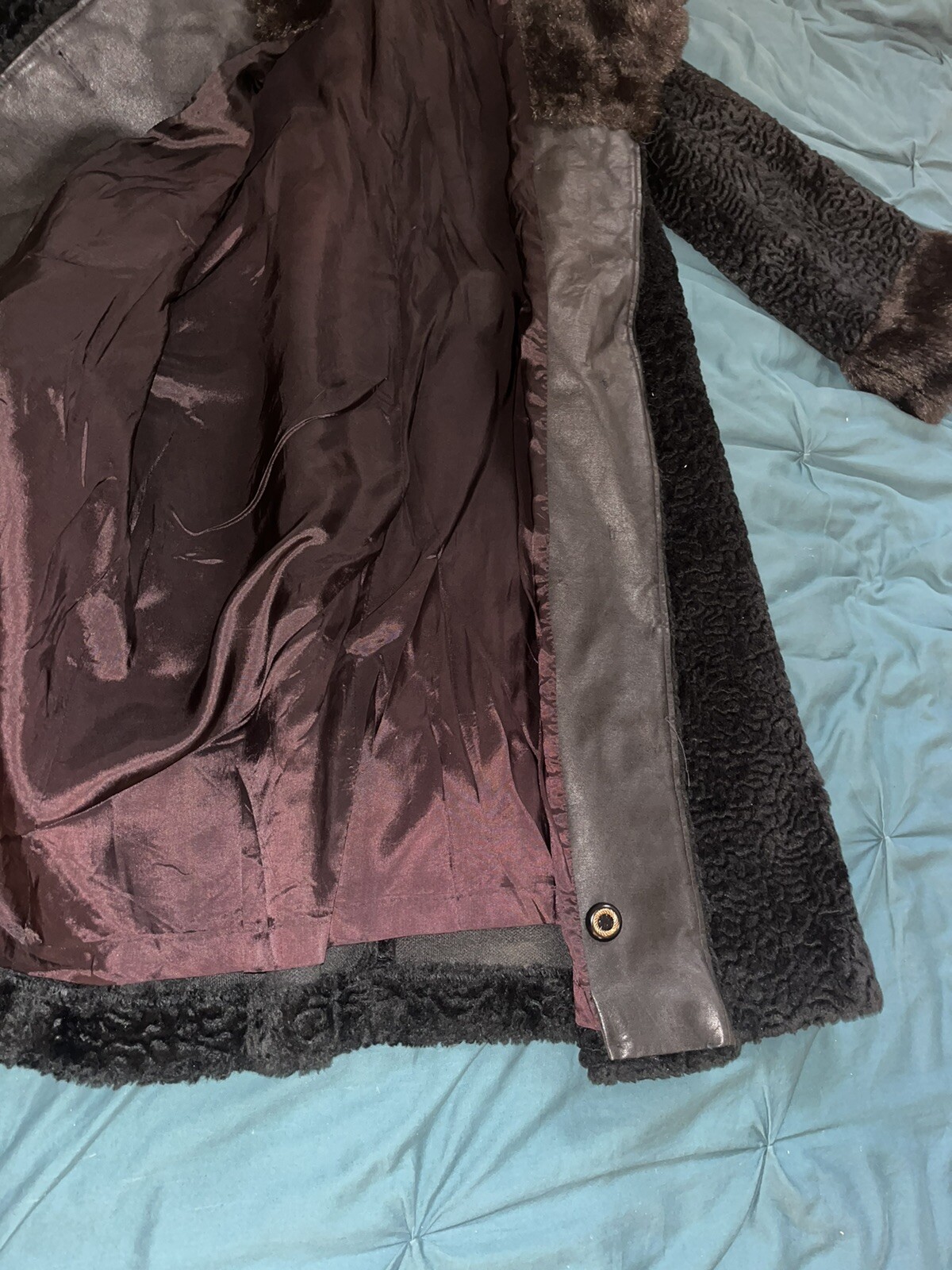 Vintage Coat Penny Lane Embossed Black Velvet &Brown Faux Fur 60s/70s Size L/XL