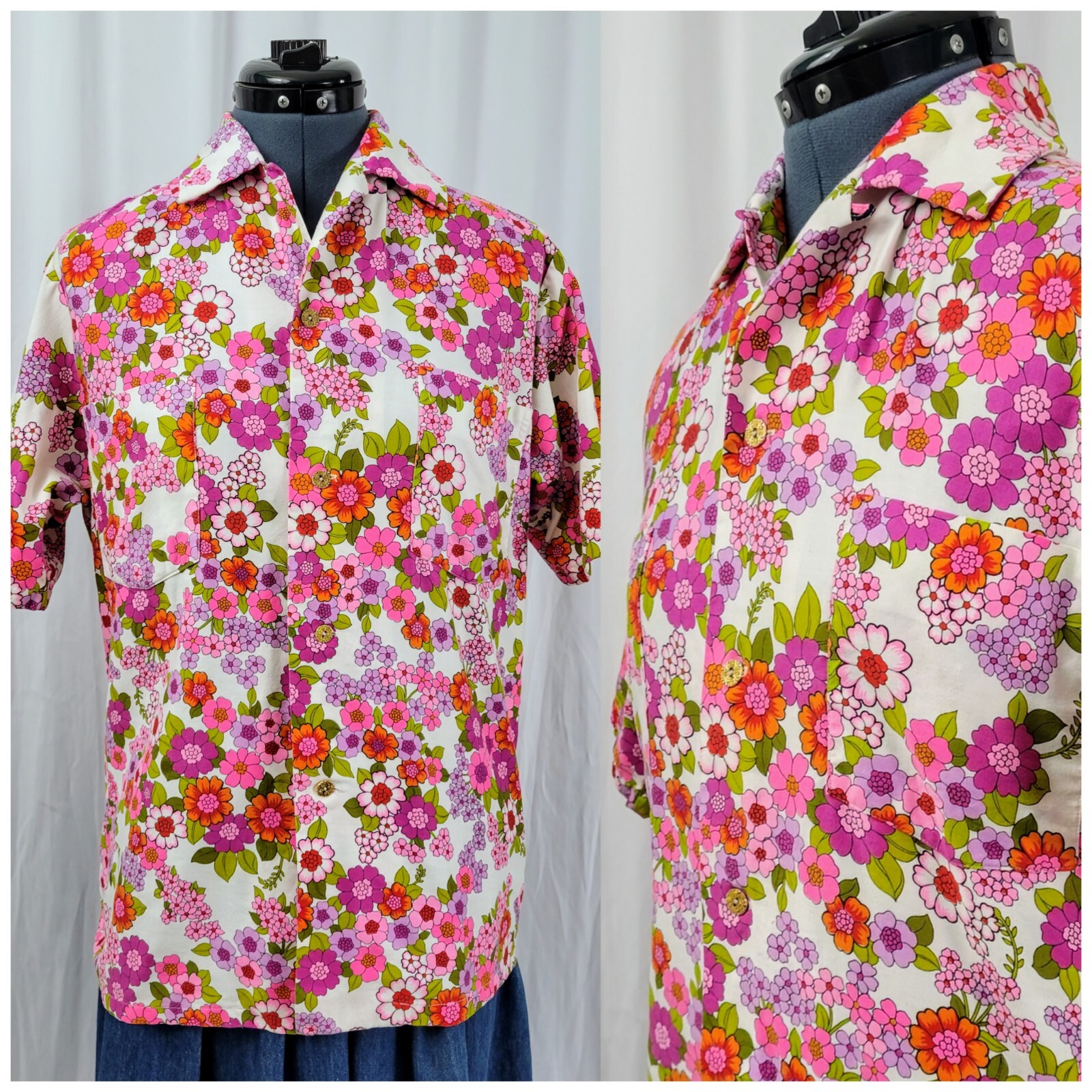 Vtg Island Fashions Button Down White/Pink/Purple/Orange Florals Top Size M/L?