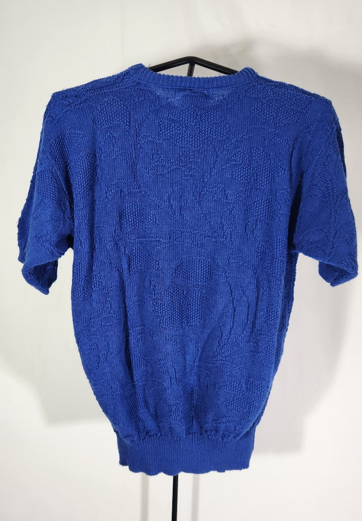 Vintage Cobalt Blue Knit Floral Sweater Alicia Cotton SZ SM