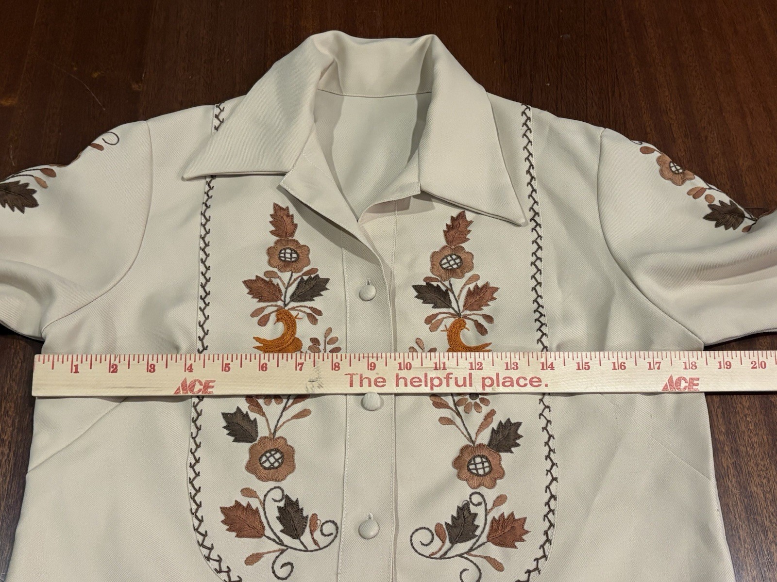 Vintage 60s 70s Embroidered Peasant Folk Shirt Top Bohemian Handmade Tan Button