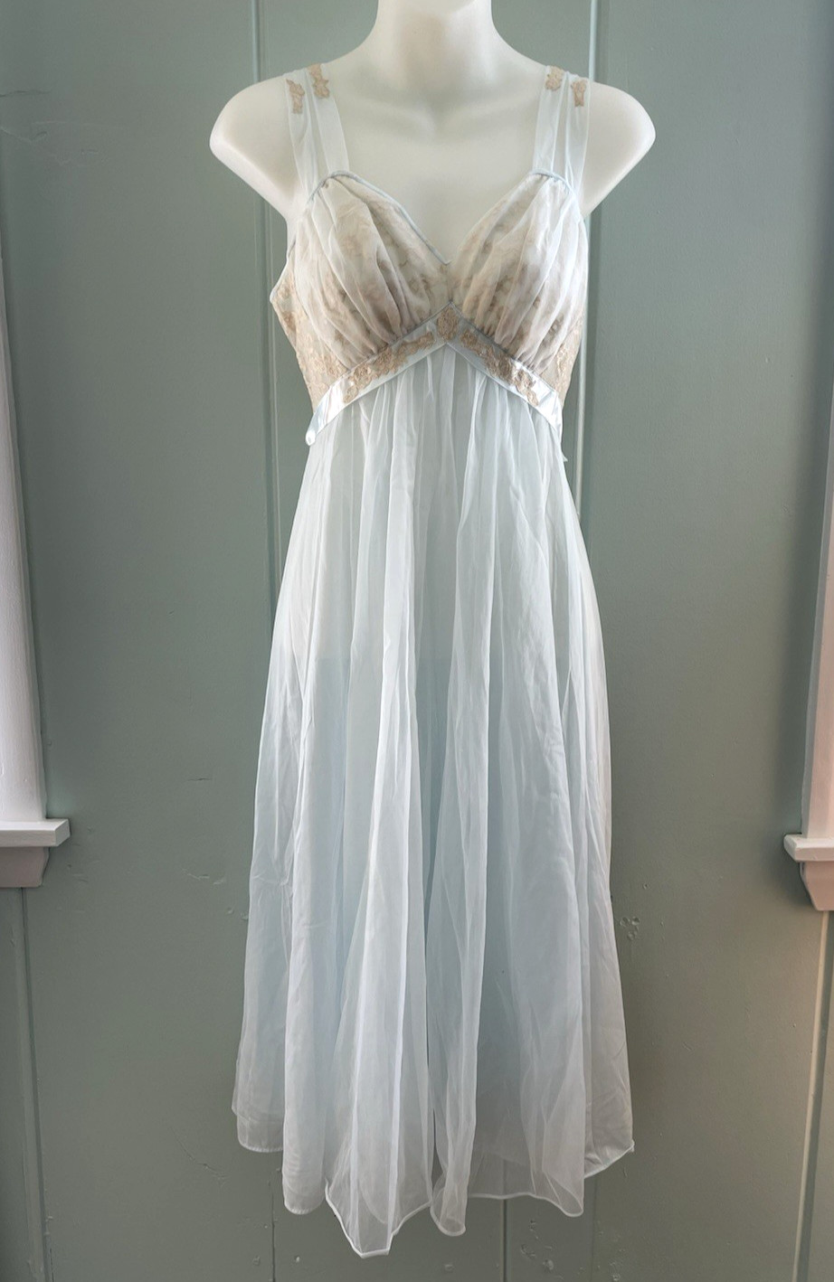 Vtg Vanity Fair Blue Gown Lingerie Lace Bodice Old Hollywood Chiffon Babydoll