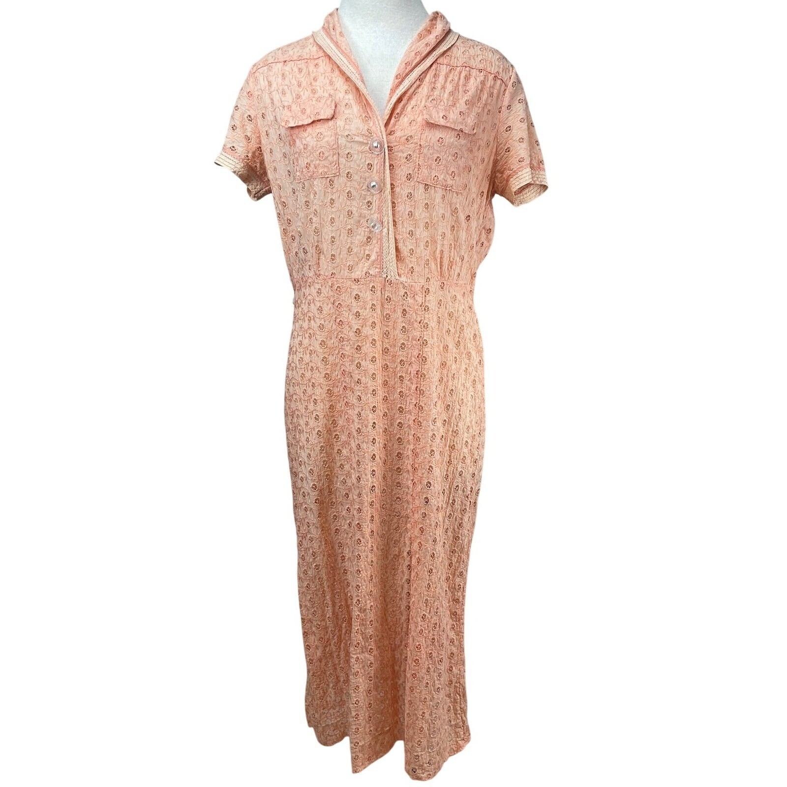 Vintage Womens (M/L) 50s Peach Eyelet Dress Boho Prairie Buttons Western Sheer