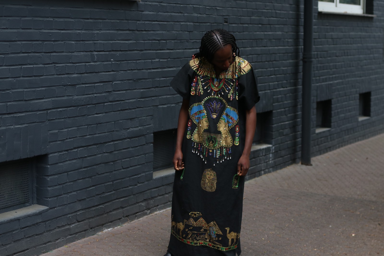 Vintage Egyptian Kaftan Black Gold Embroidered Maxi Dress 70s Boho Caftan