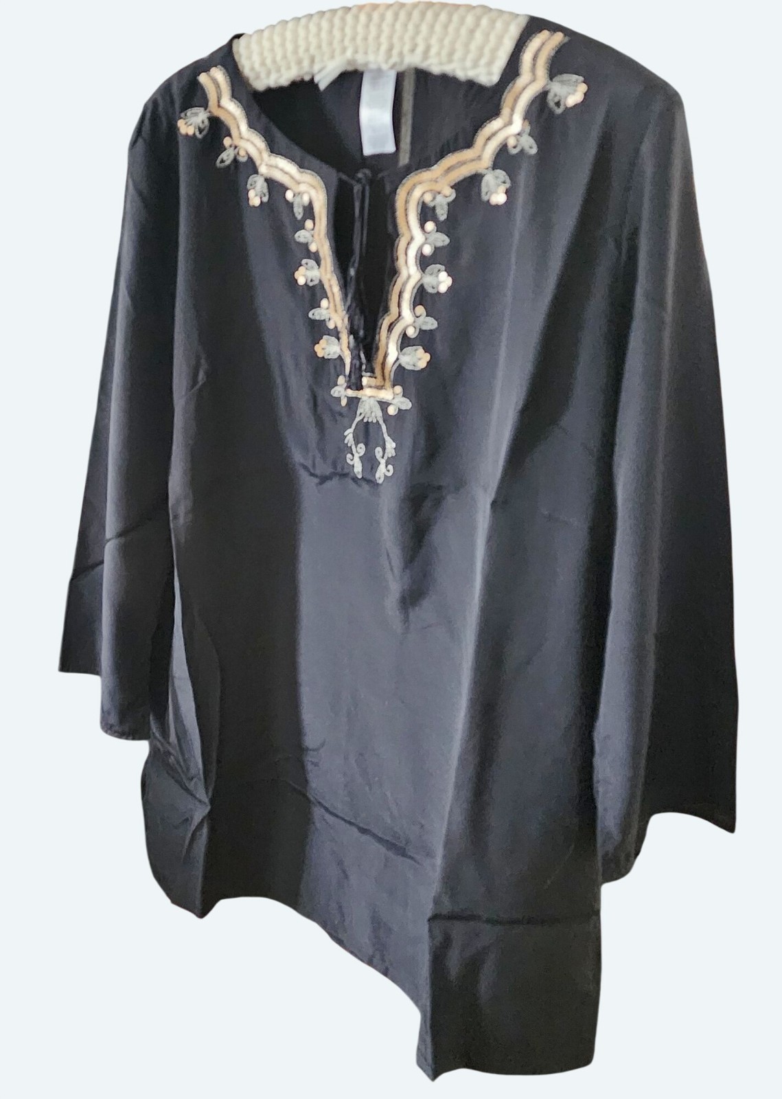 Vtg Avon Satin Sensation Polyester Tunic w Embroidered Neckline Black XLG UNUSED