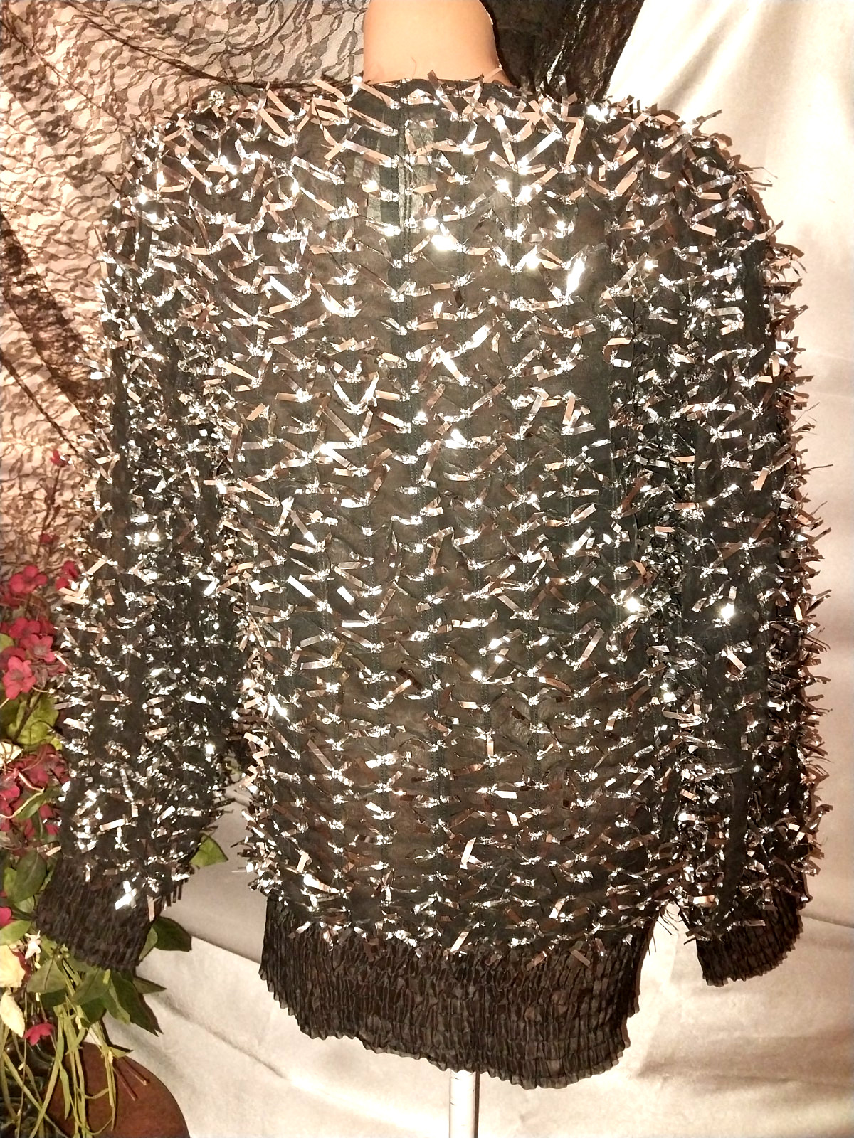 VTG NR1 NITE LIGHTS 80S SILVER FOIL BOWS BLOUSE SHEER CHIFFON BURLESQUE AVANT L