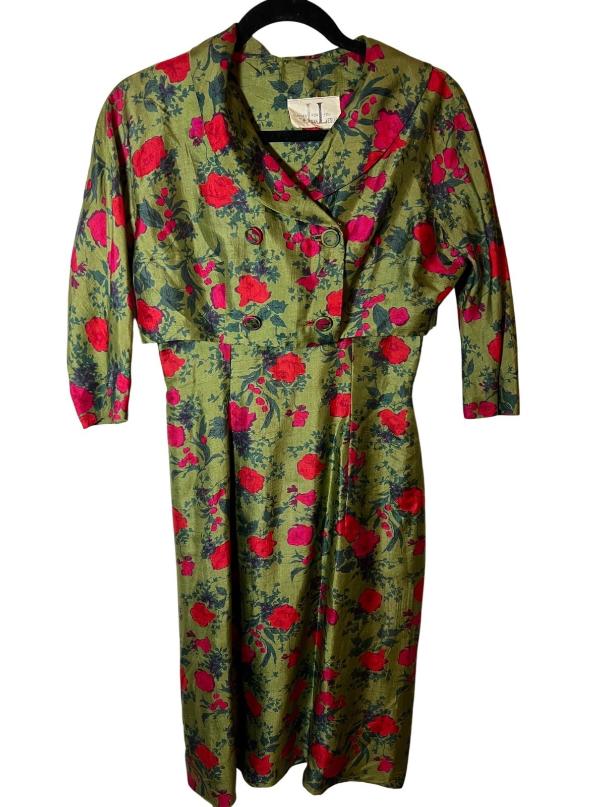 Gorgeous vintage silk shantung midi dress olive green with roses holiday size 13