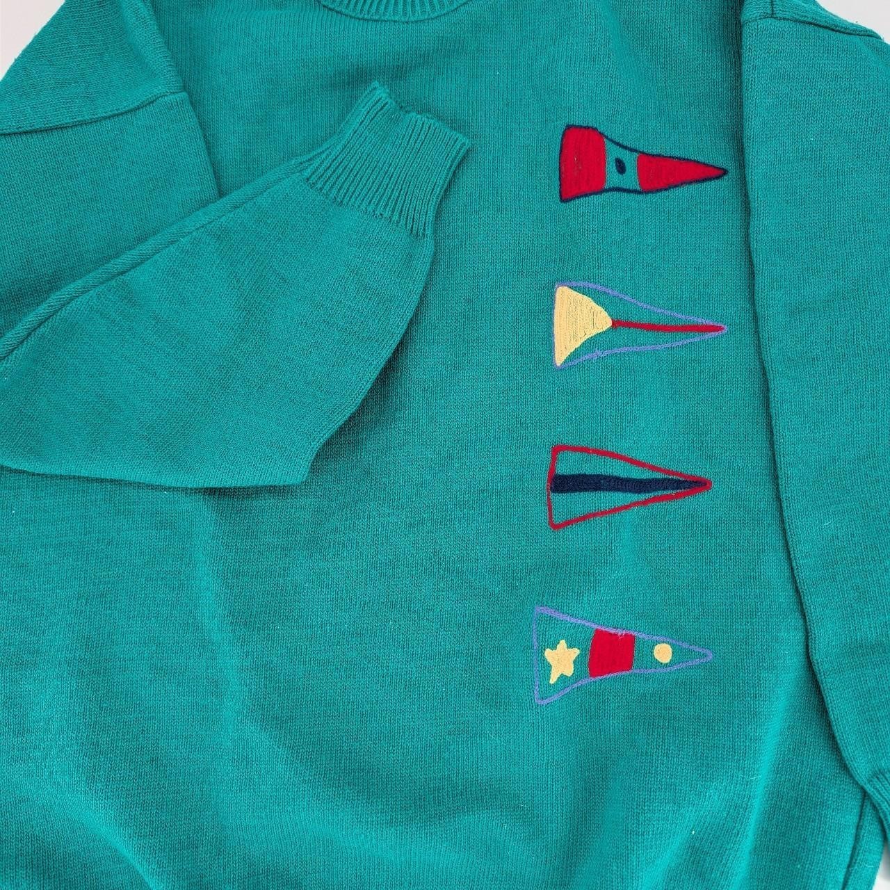 Jean Bernard Teal Sweater Women’s Vintage Colorful Flag Motifs
