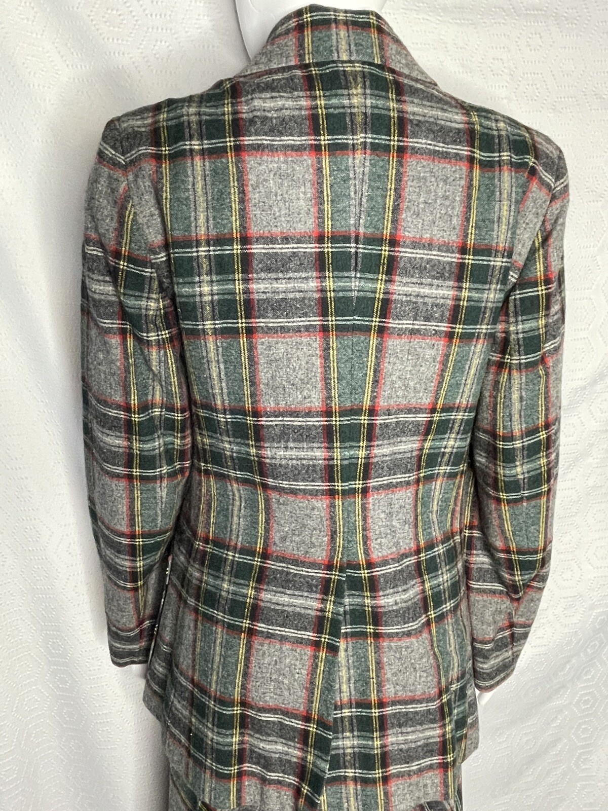 Vintage 70s Maxi Skirt Blazer Suit Wool Plaid 9/10 Wide Lapels Gray Green Red JH
