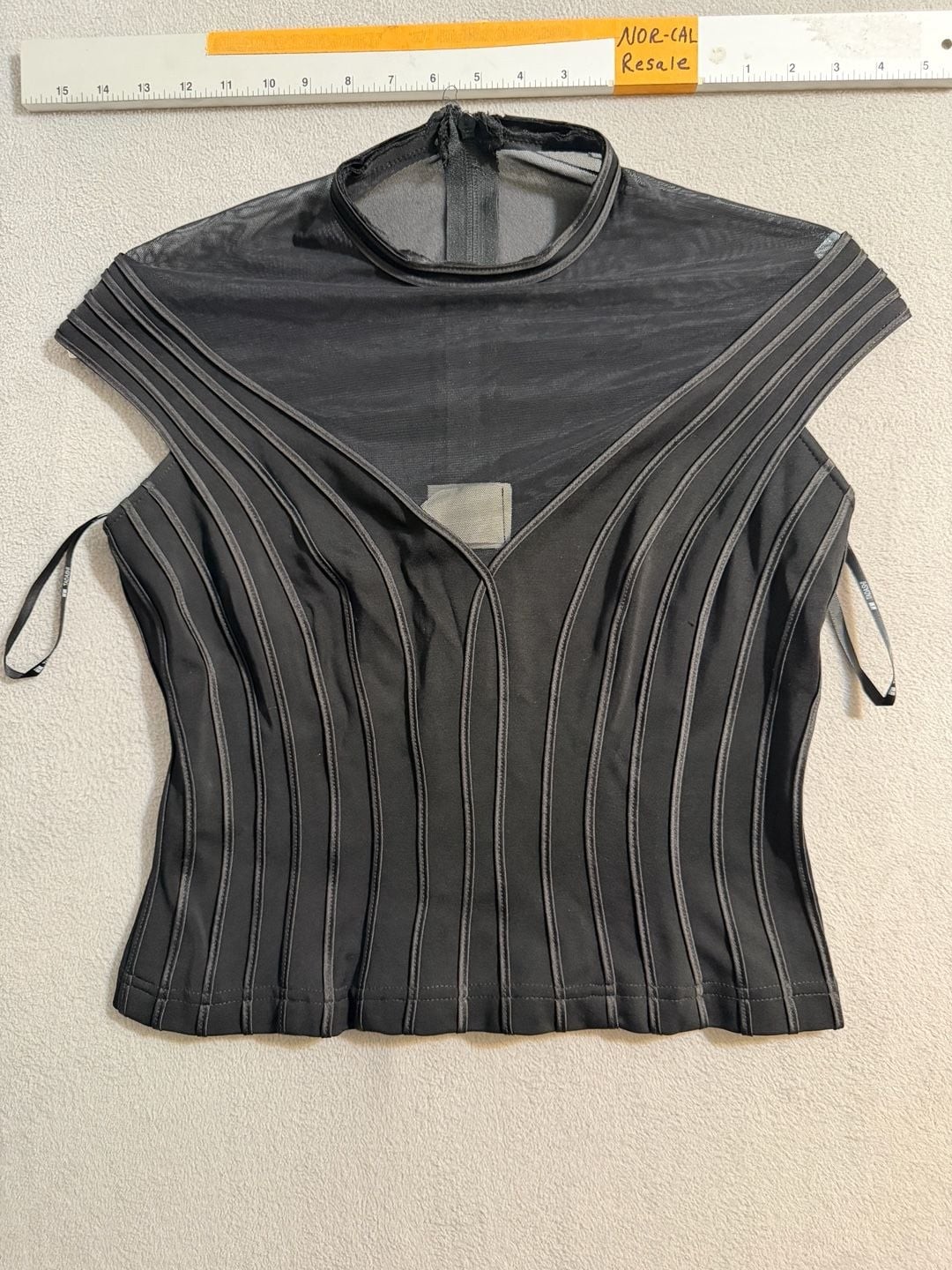 Vintage made in USA Tadashi Shoji Black Mesh Mock Neck Ribbed Panel Top