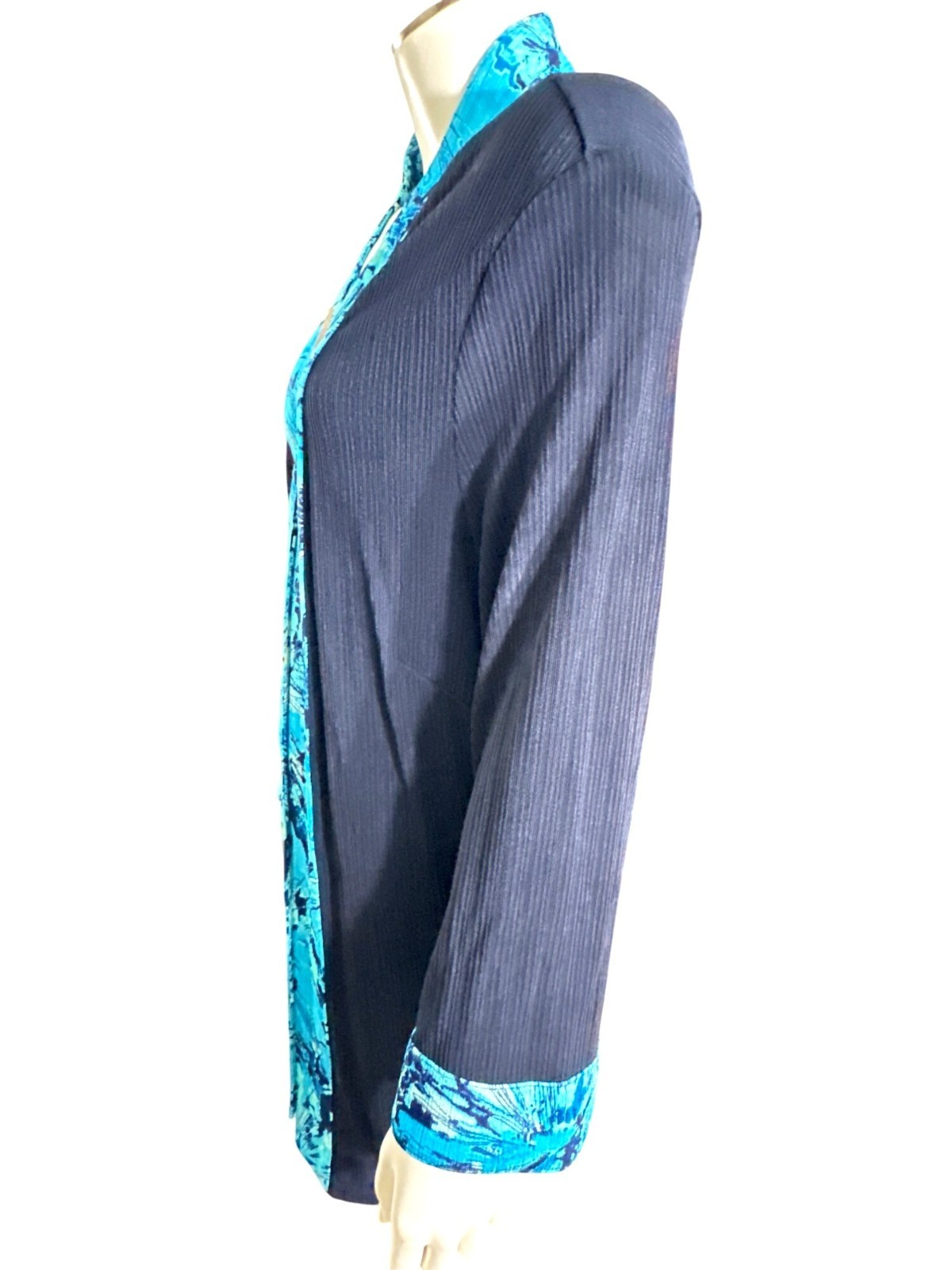 TanJay Size 2X Vintage Black Blue Abstract Trim Jacket Open Front Stretch Travel